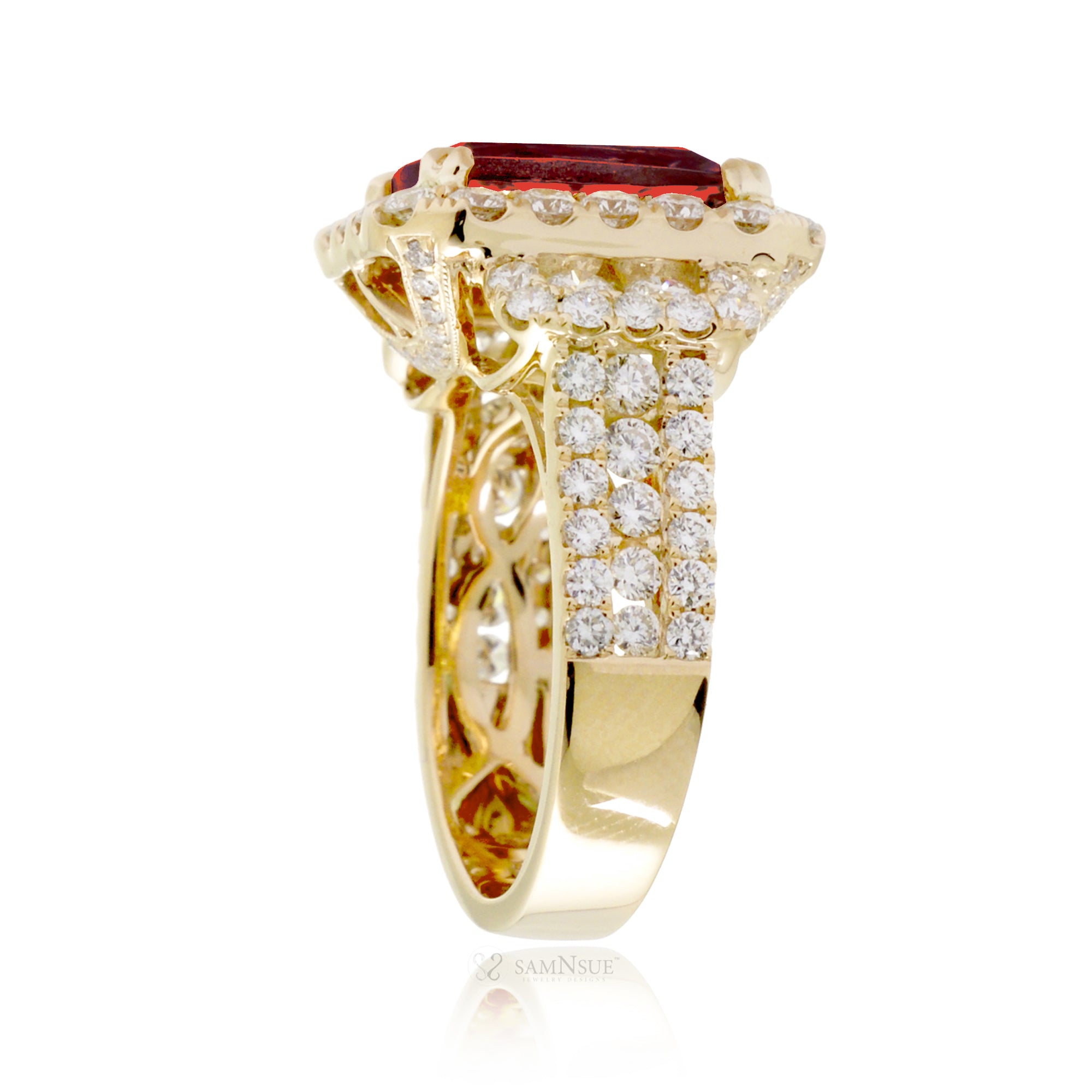 Yellow Gold Triple Row Diamond Band Ring with Ruby Center