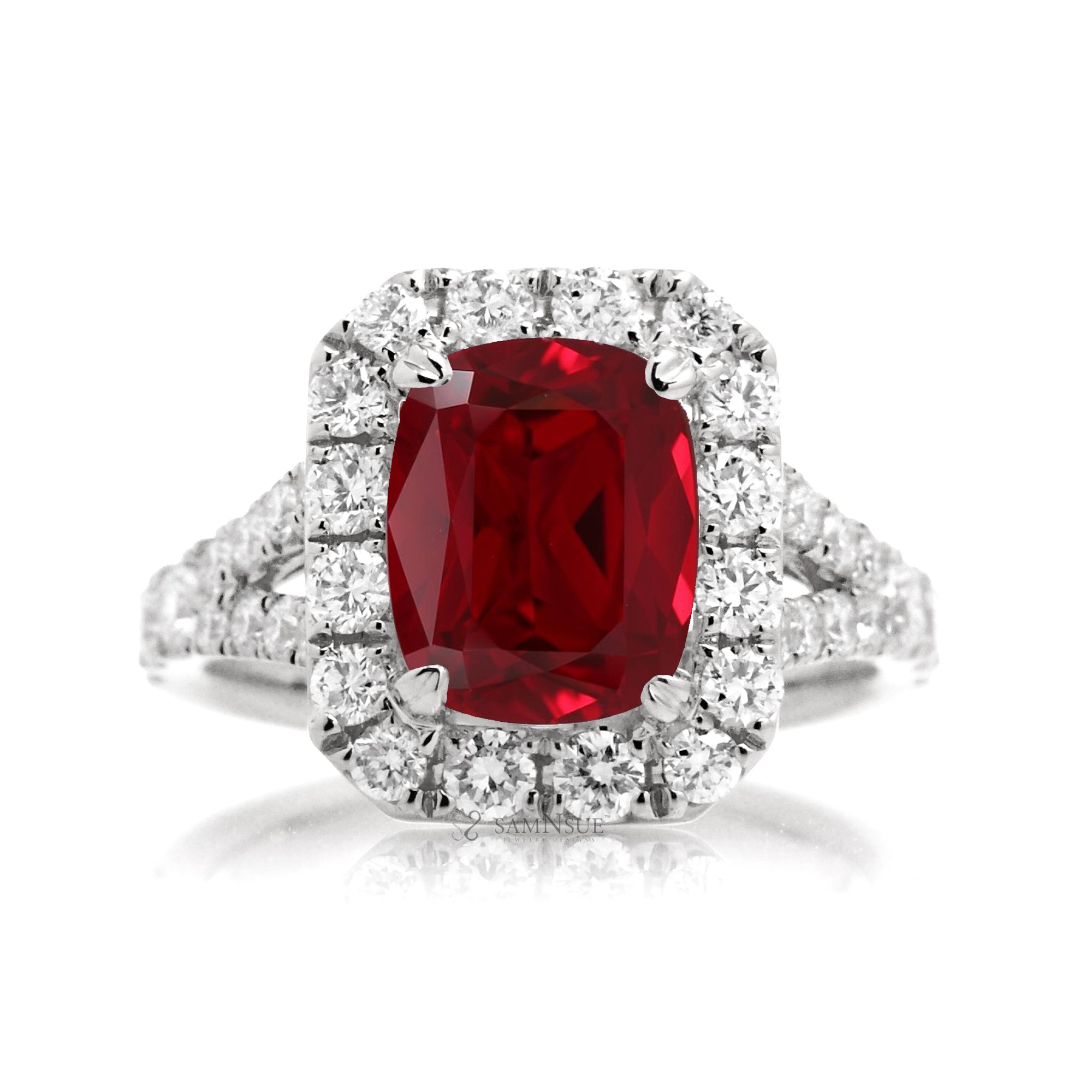 Cushion Ruby and Diamond Halo Engagement Ring – The Meghan White Gold