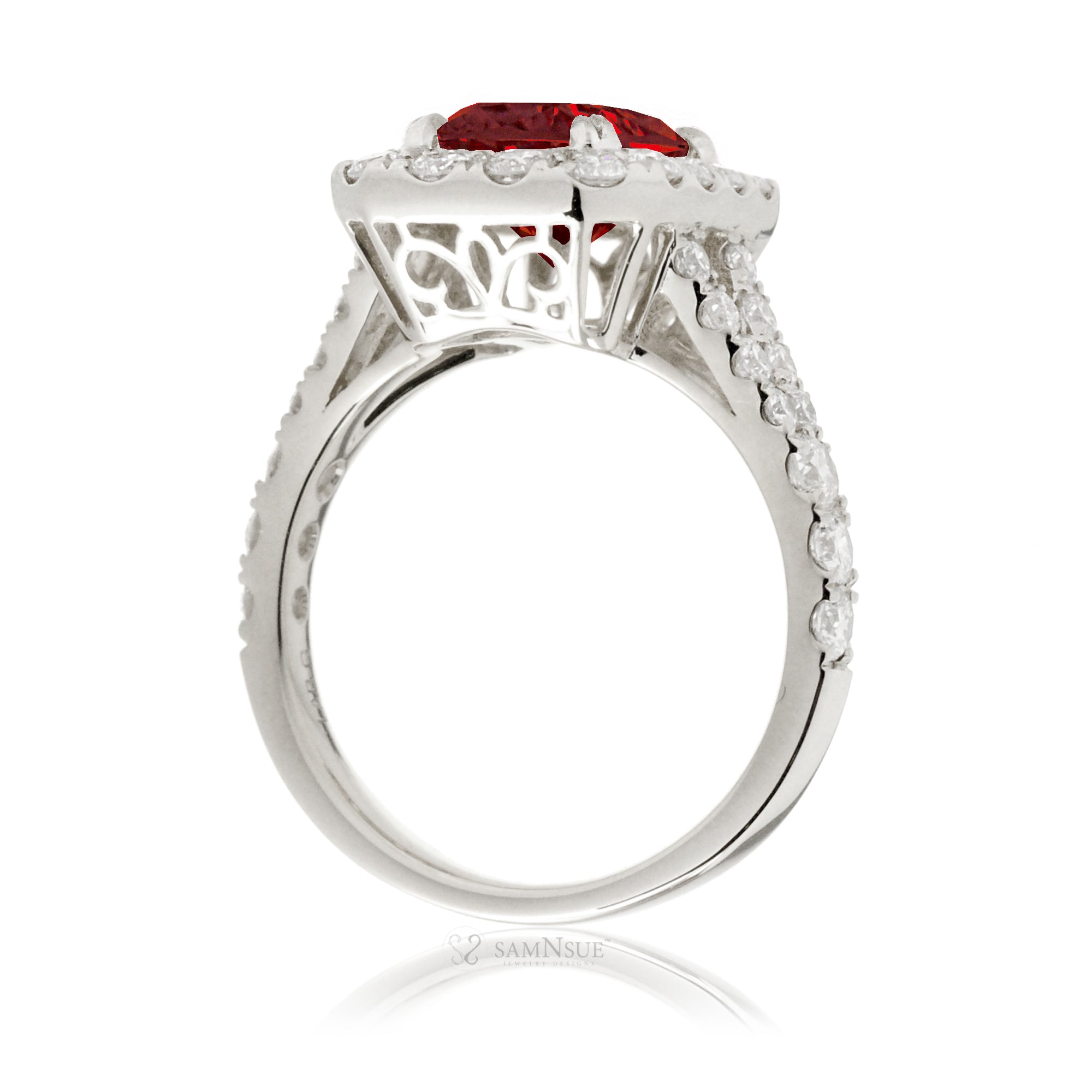 Cushion Ruby and Diamond Halo Engagement Ring – The Meghan White Gold