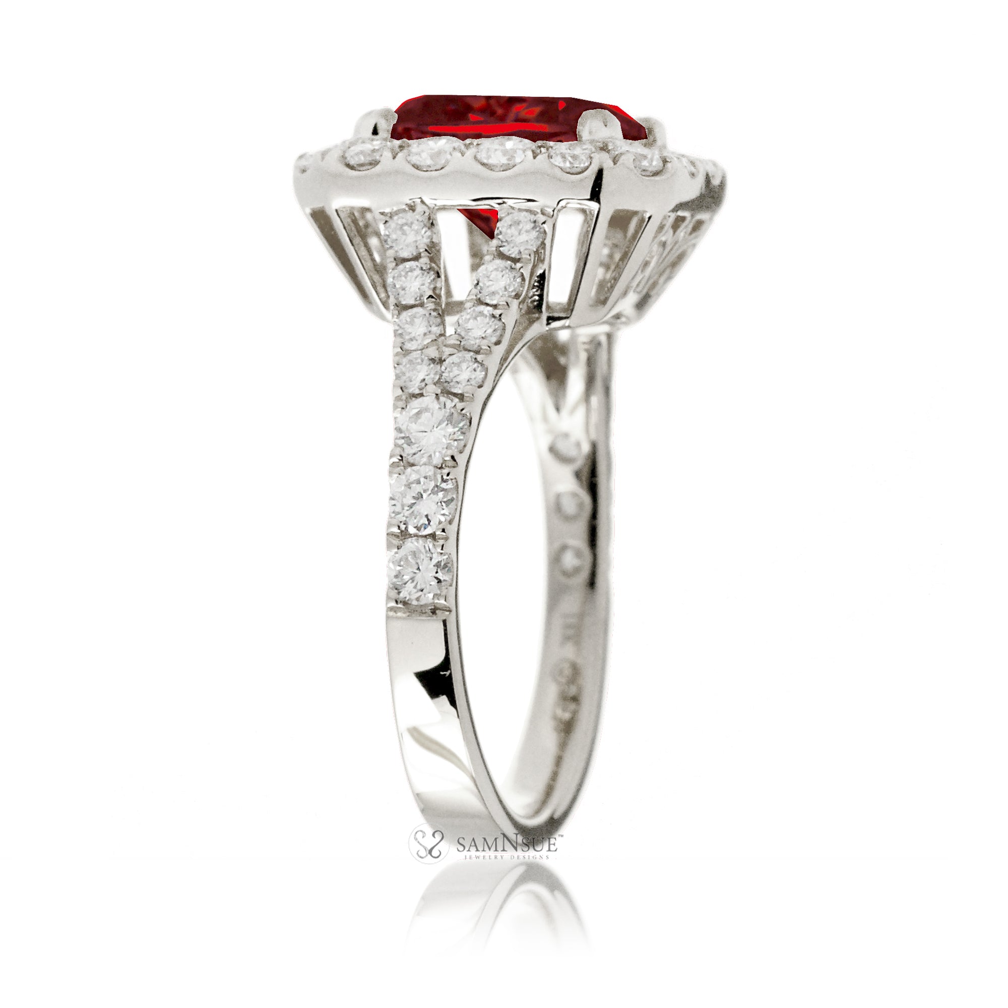 Cushion Ruby and Diamond Halo Engagement Ring – The Meghan White Gold