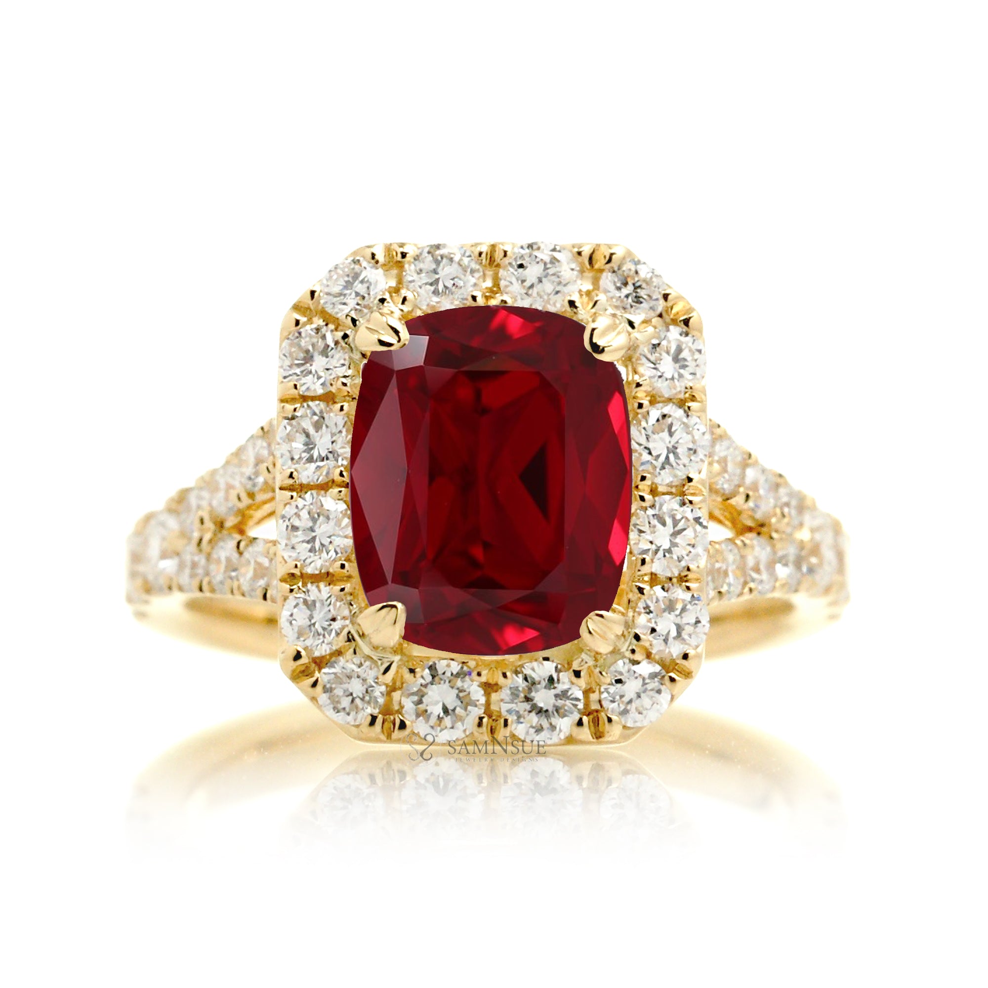 Cushion Ruby and Diamond Halo Engagement Ring – The Meghan Yellow Gold
