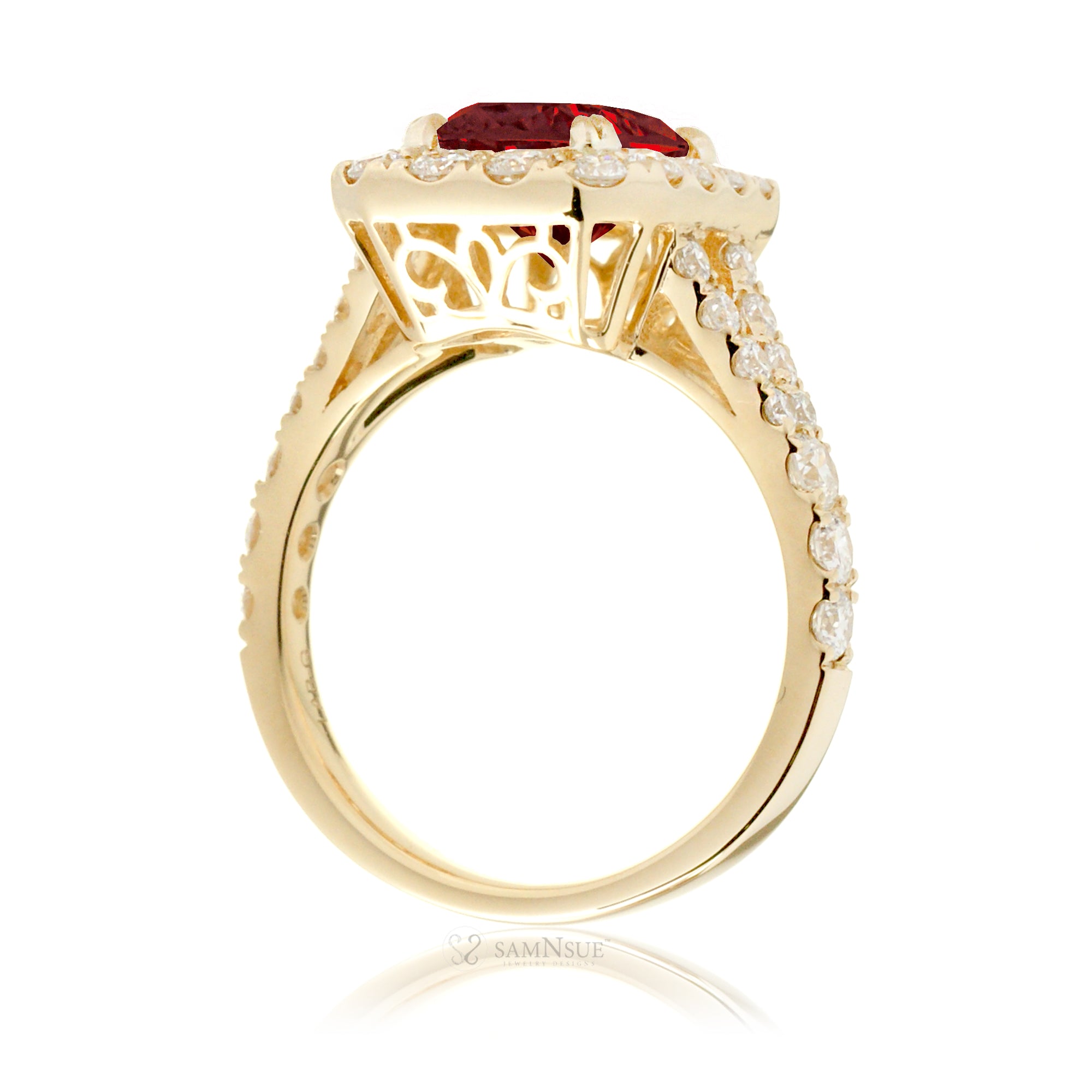 Cushion Ruby and Diamond Halo Engagement Ring – The Meghan Yellow Gold