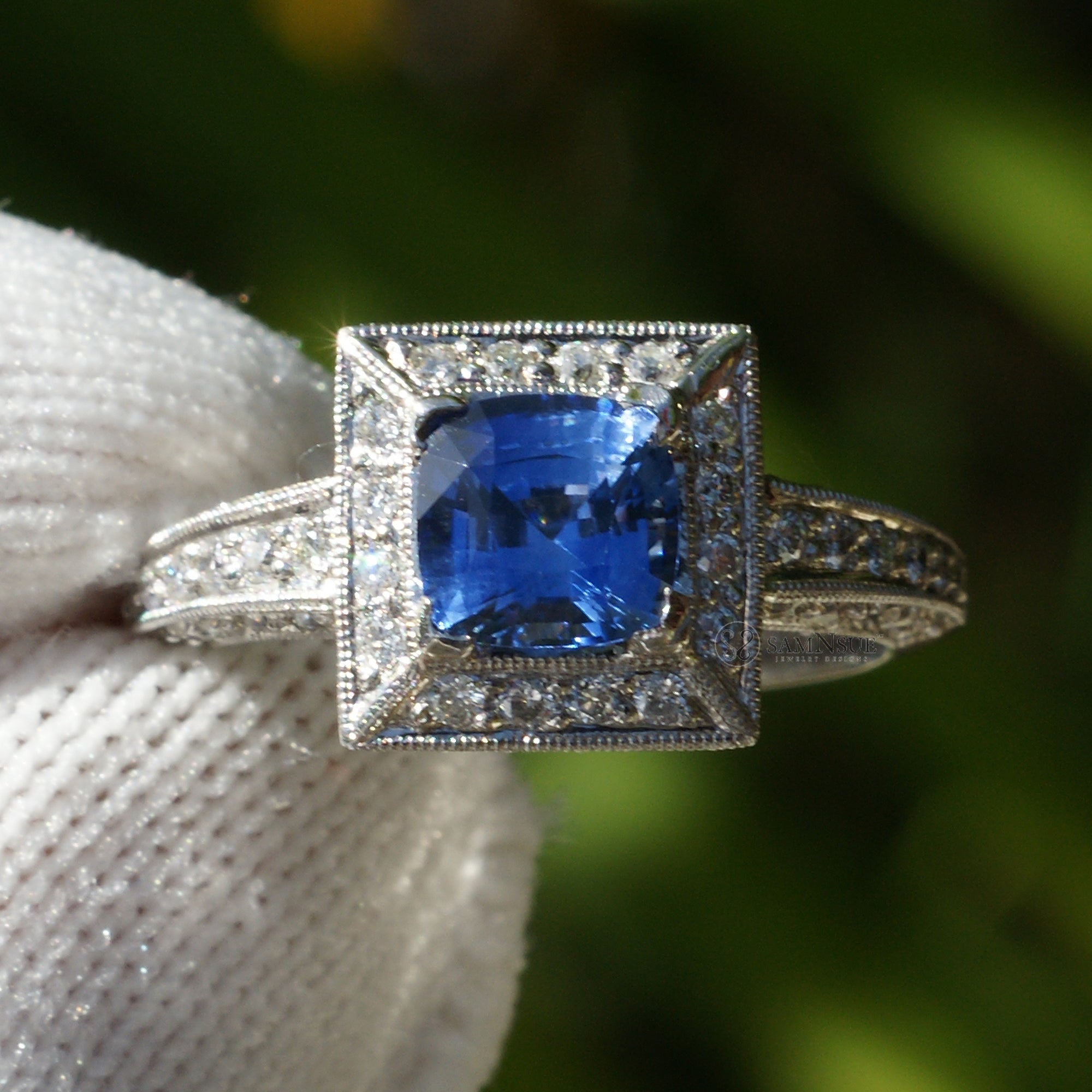 Cushion cut sapphire square diamond halo vintage style white gold ring