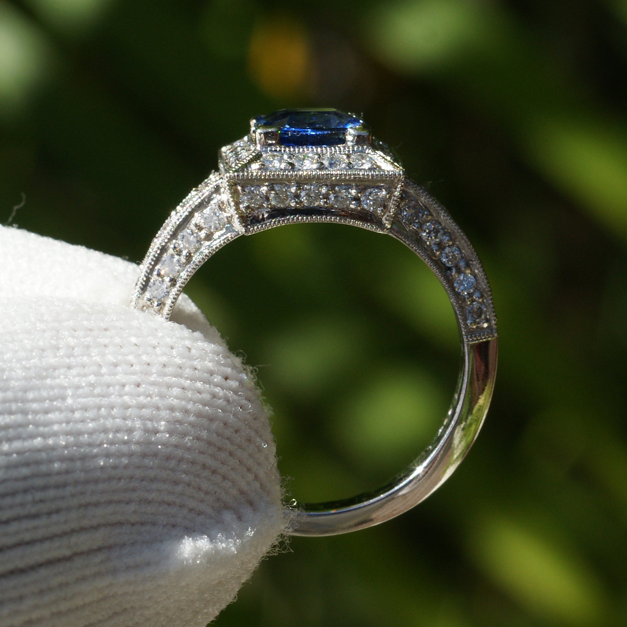 Cushion cut sapphire square diamond halo vintage style white gold ring
