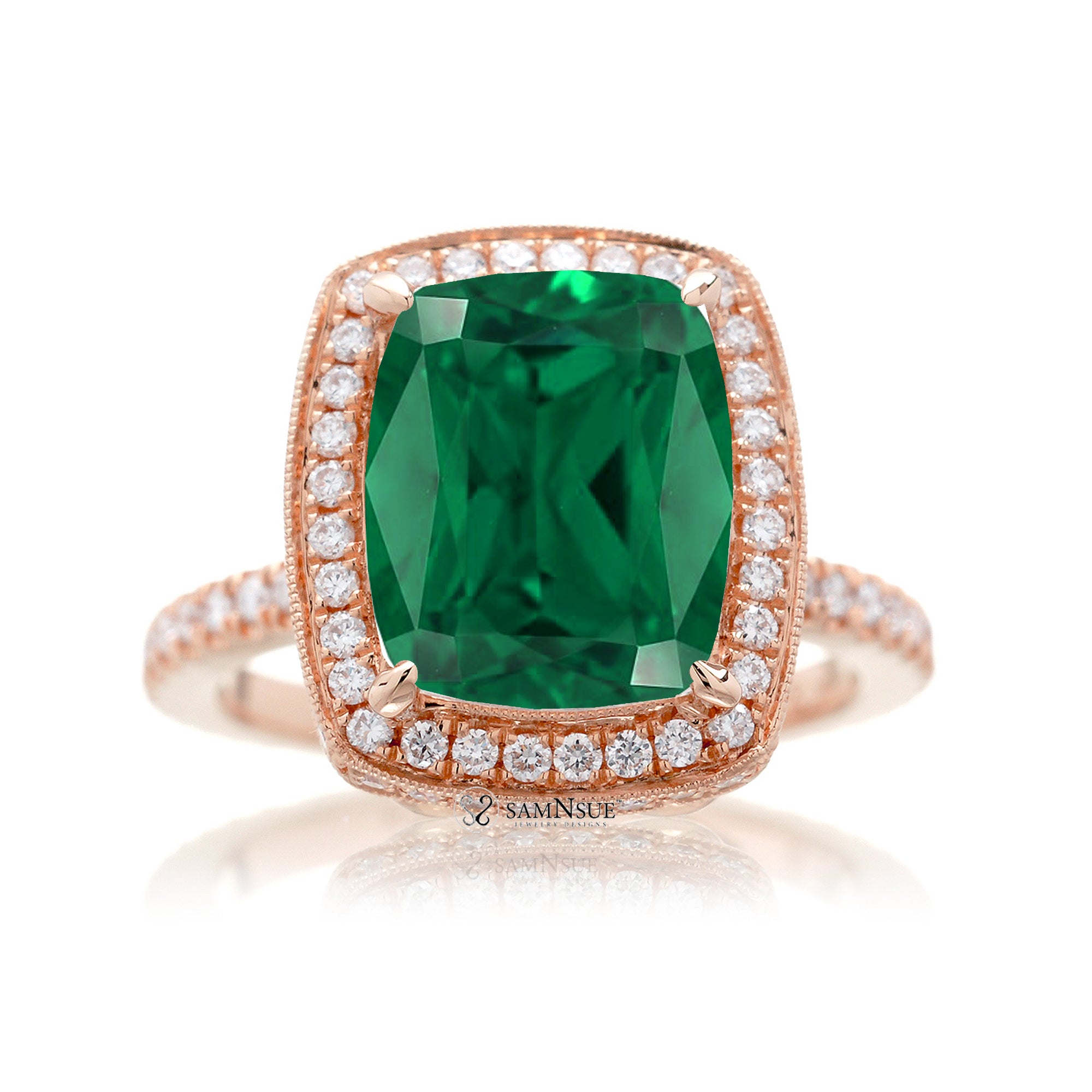 Cushion cut emerald engagement ring vintage style diamond accent setting rose gold
