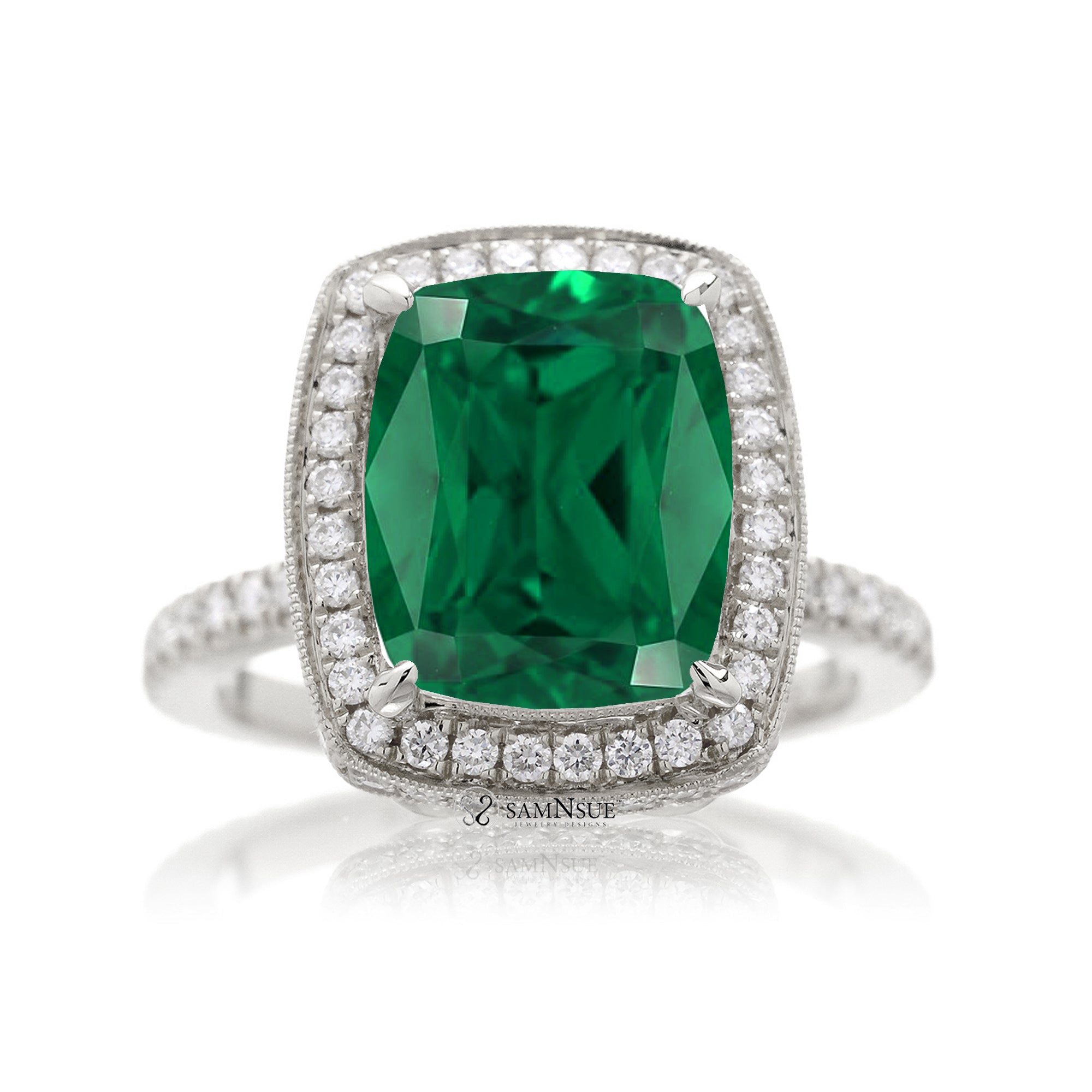 Cushion cut emerald engagement ring vintage style diamond accent setting white gold