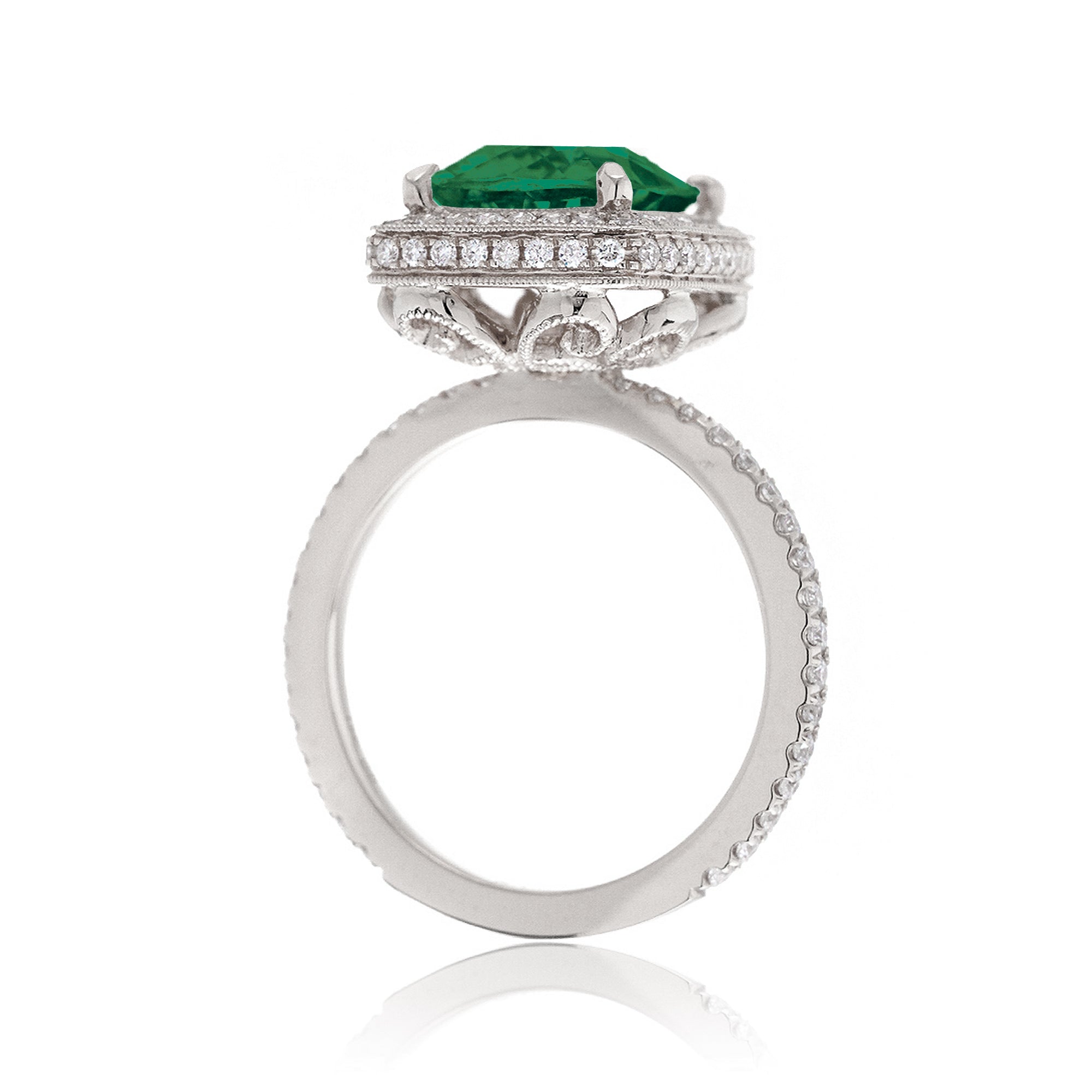 Cushion cut emerald engagement ring vintage style diamond accent setting white gold