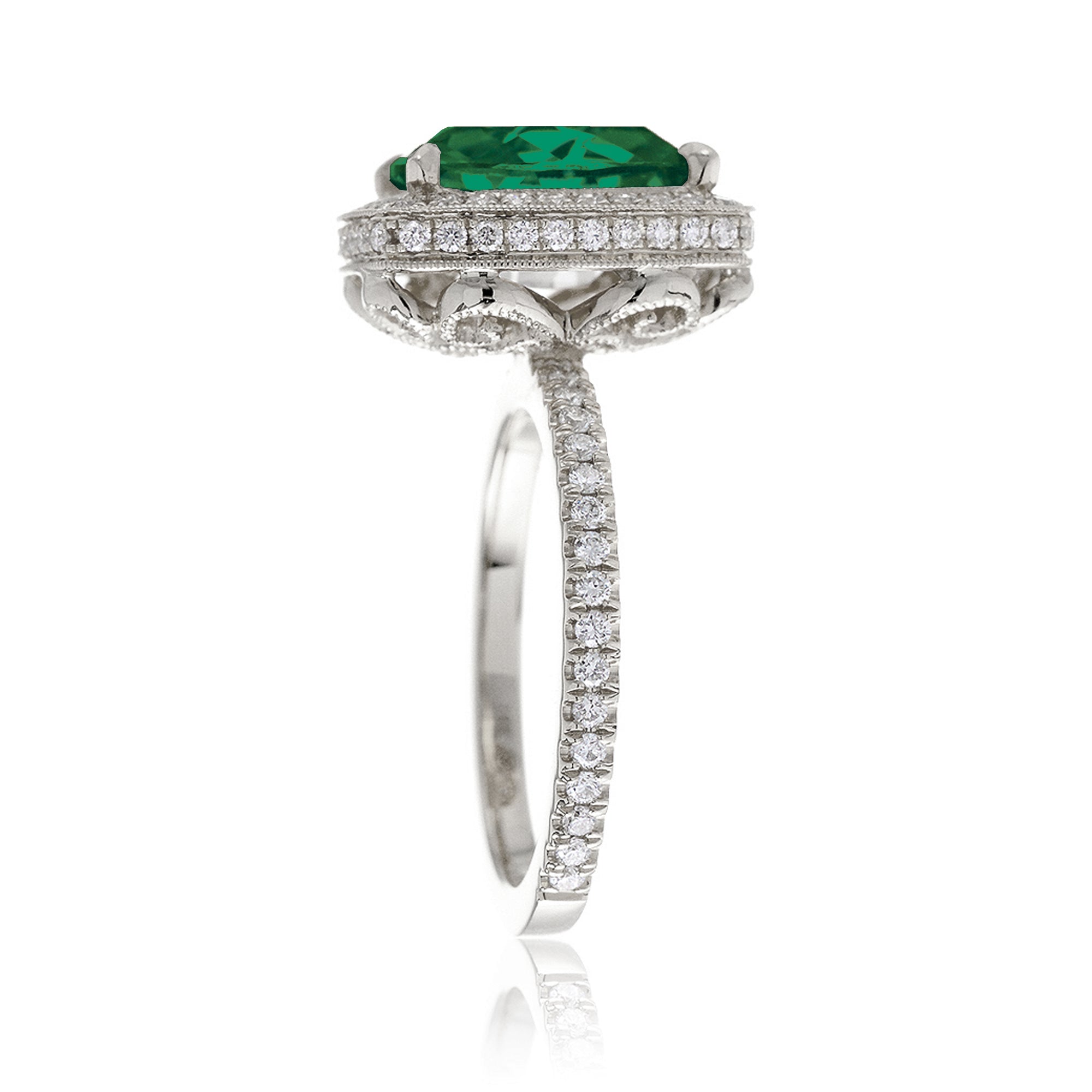 Cushion cut emerald engagement ring vintage style diamond accent setting white gold