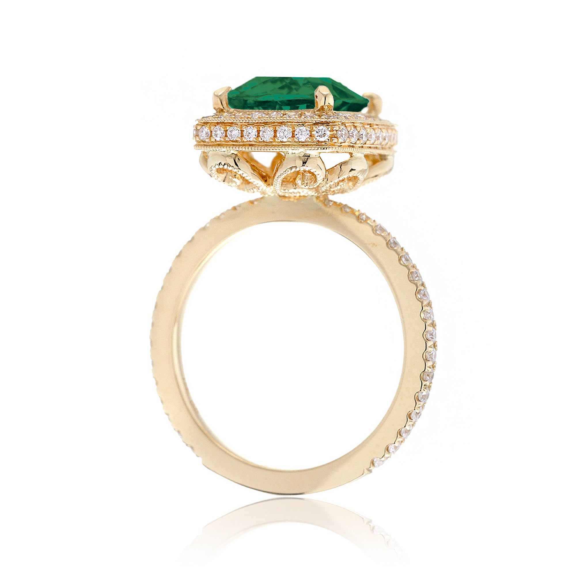 Cushion cut emerald engagement ring vintage style diamond accent setting yellow gold