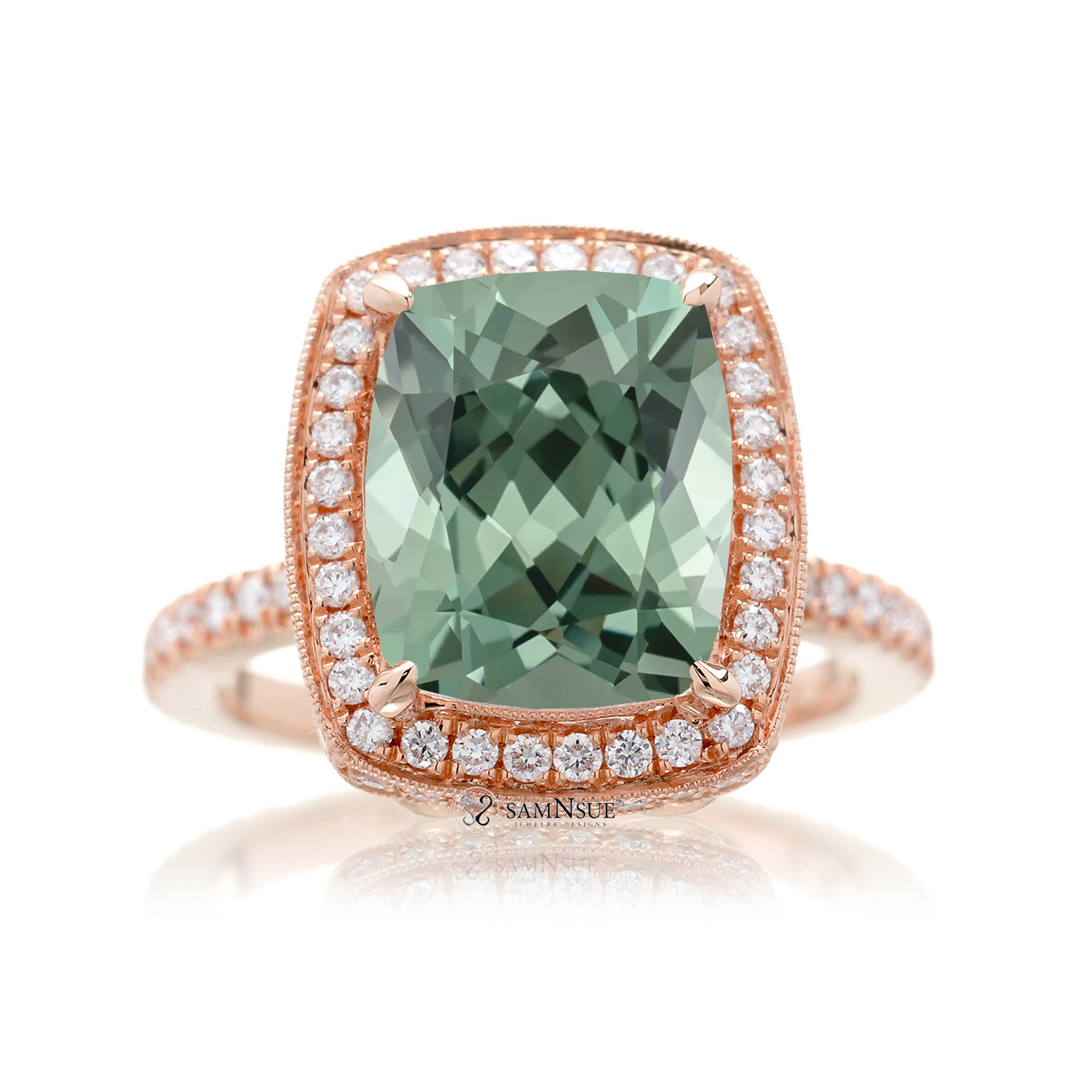 Cushion green sapphire engagement ring with vintage diamond halo and setting rose gold