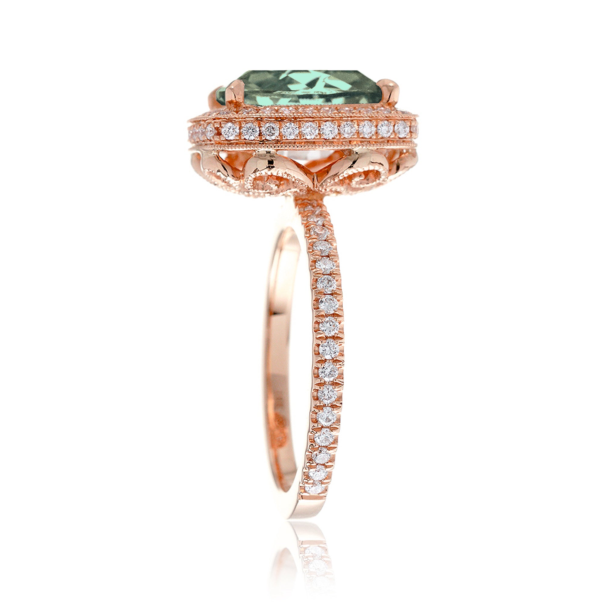 Cushion green sapphire engagement ring with vintage diamond halo and setting rose gold