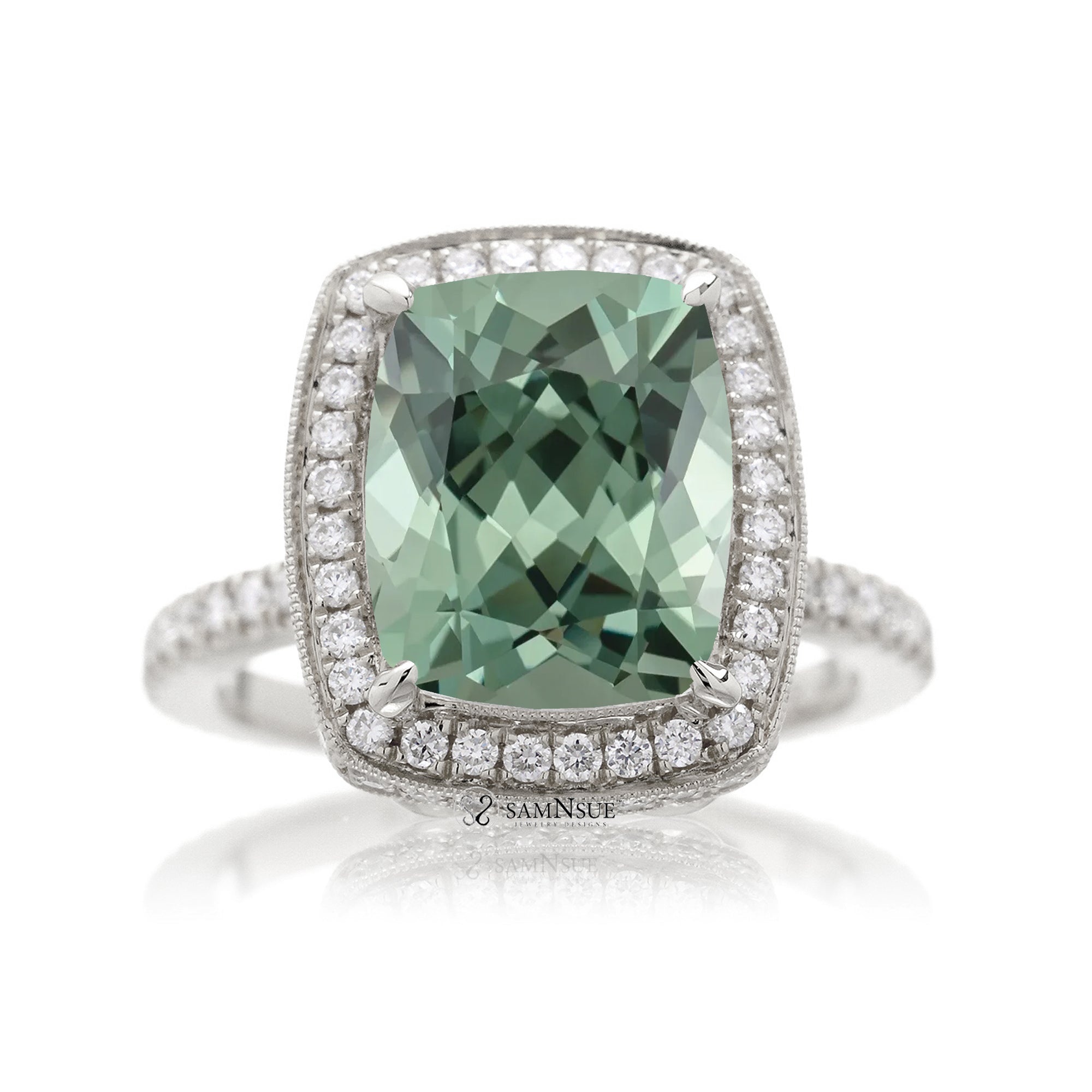 Cushion green sapphire engagement ring with vintage diamond halo and setting white gold