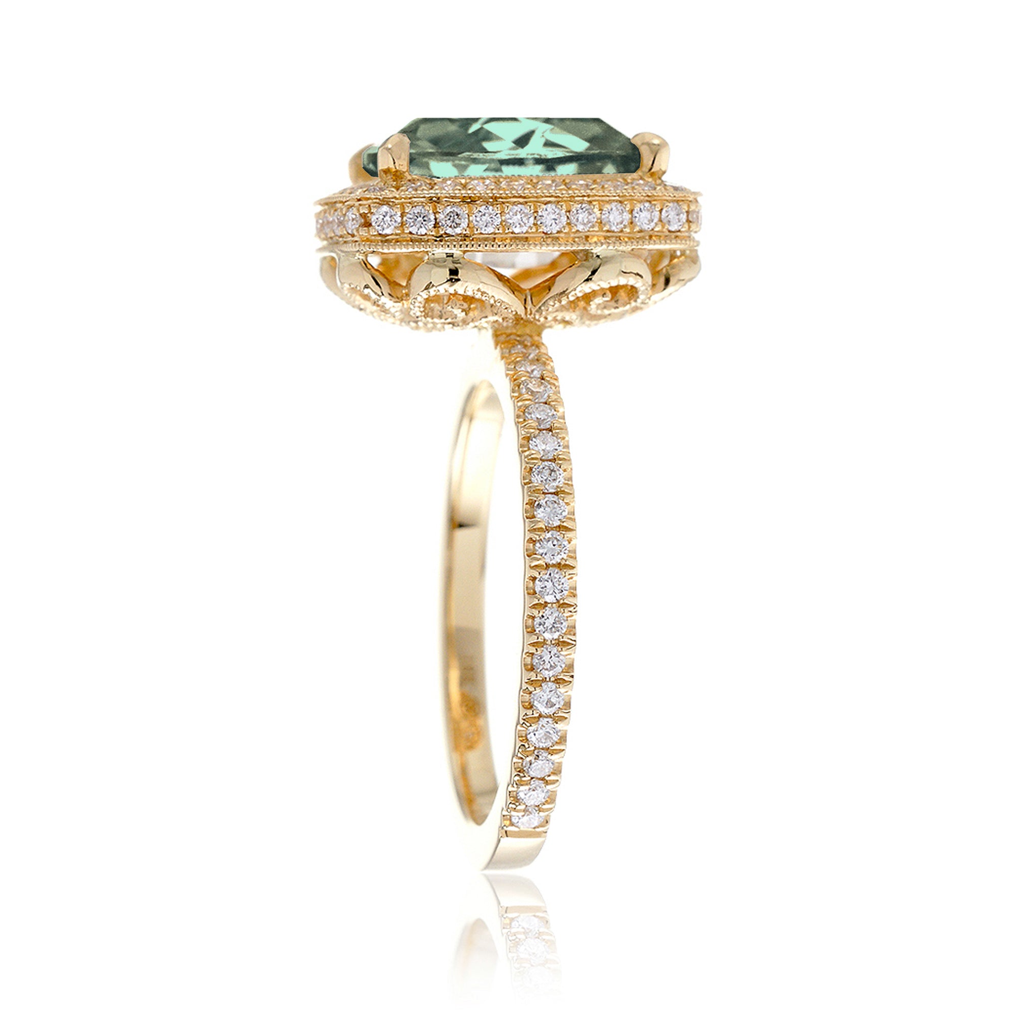 Cushion green sapphire engagement ring with vintage diamond halo and setting yellow gold