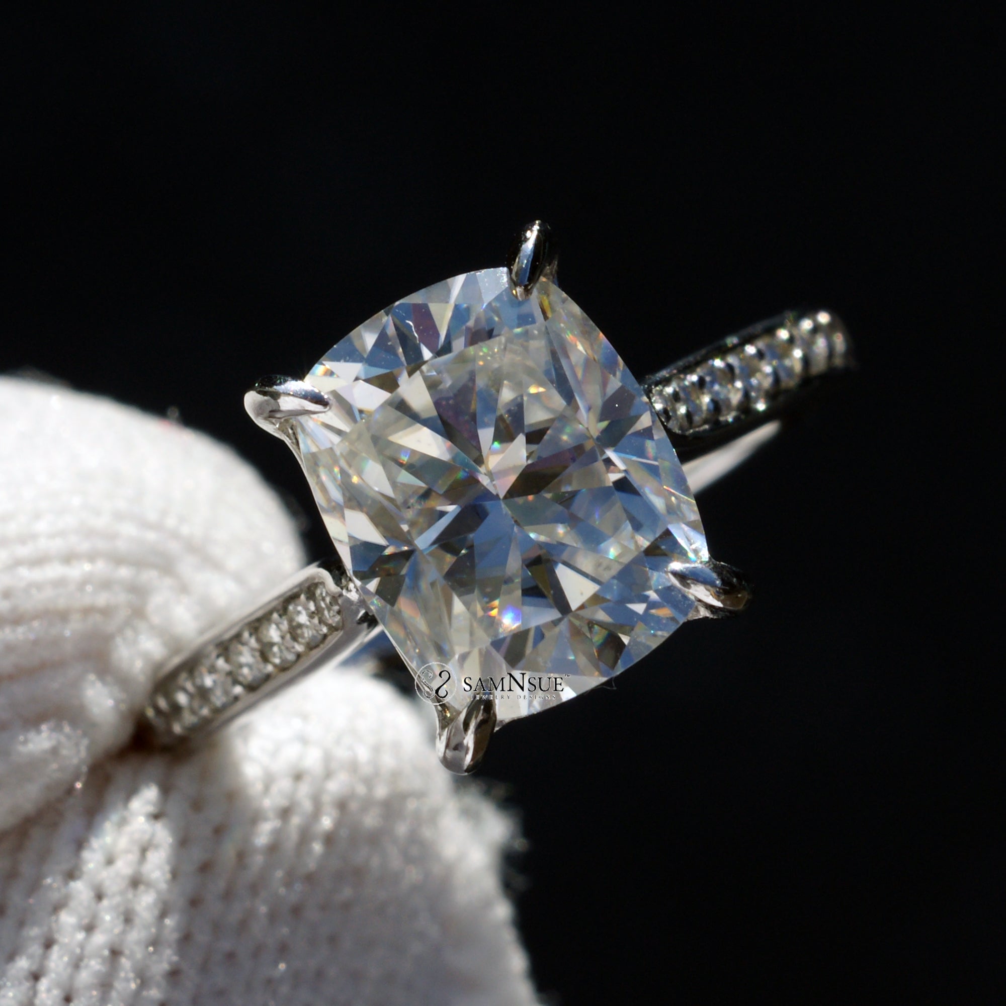 Cushion Moissanite Ring 10x8mm Platinum - The Emily Ring