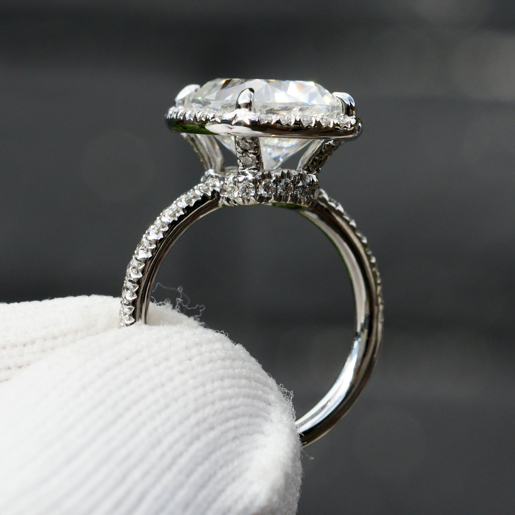 The Drenched Cushion Moissanite Ring 11x9mm 18k White Gold