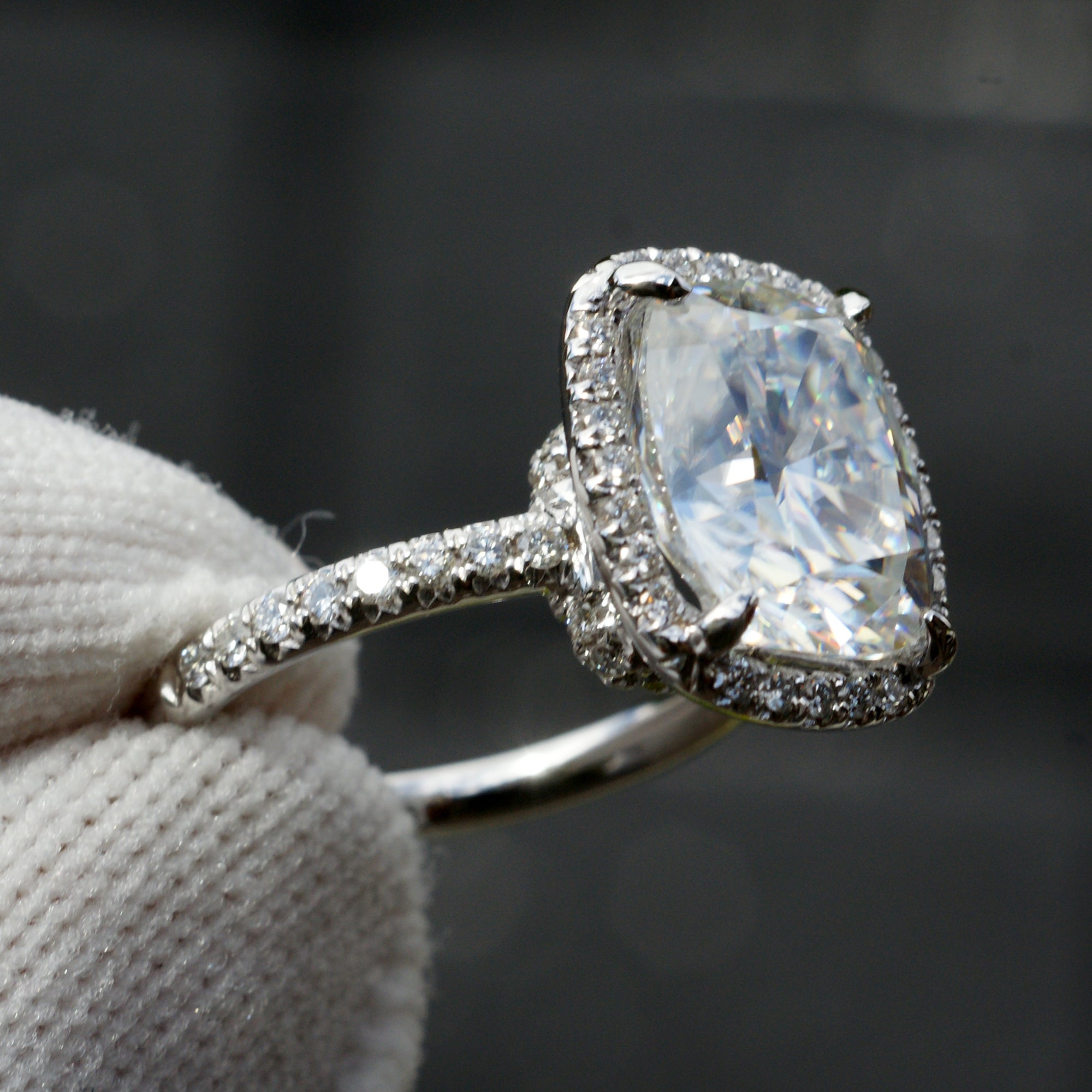 The Drenched Cushion Moissanite Ring 11x9mm 18k White Gold