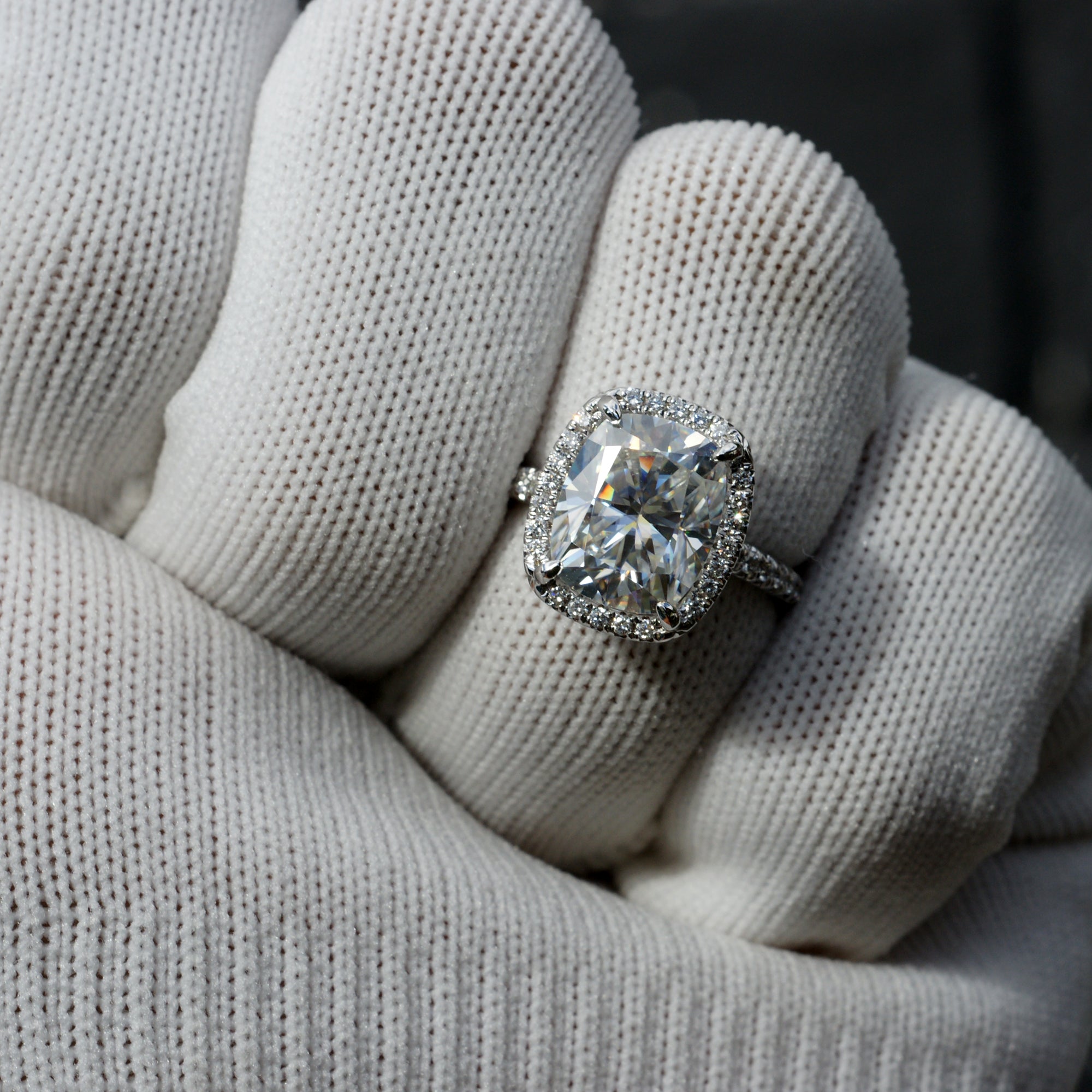 The Drenched Cushion Moissanite Ring 11x9mm 18k White Gold