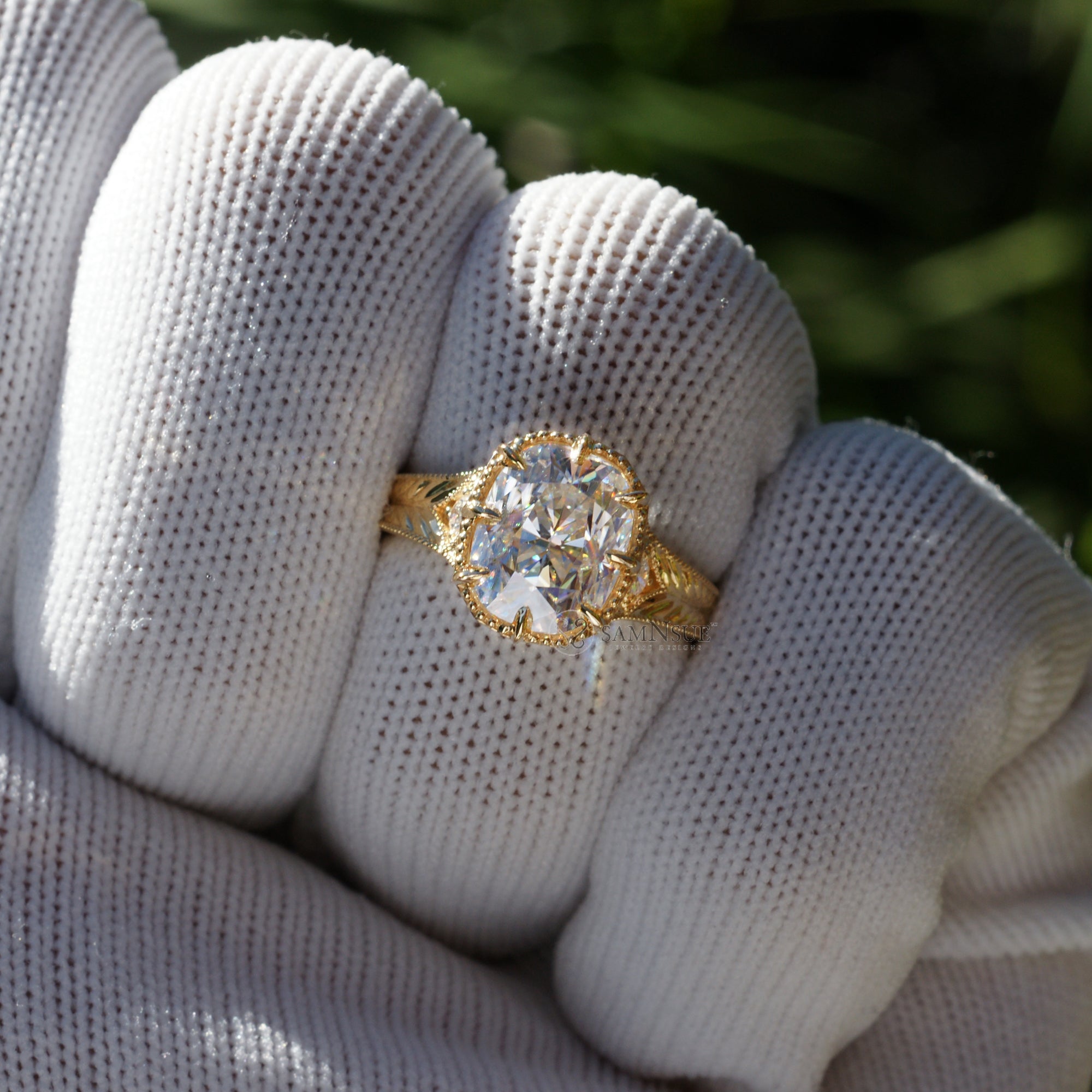 Taylor Swift inspired moissanite engagement ring in yellow gold with vintage accent