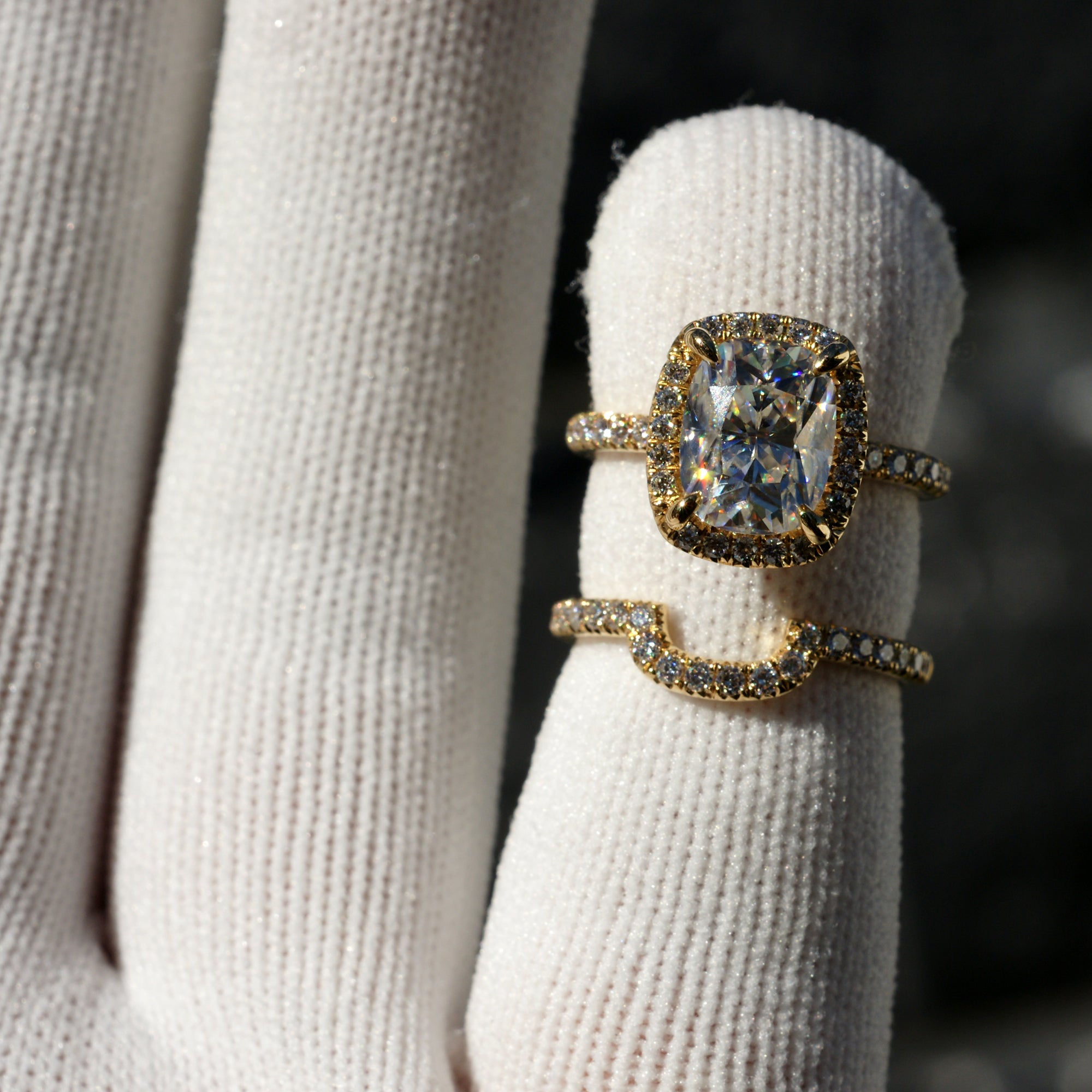 Cushion Moissanite Wedding Set 18k Yellow Gold 9x7mm - The Drenched Ring