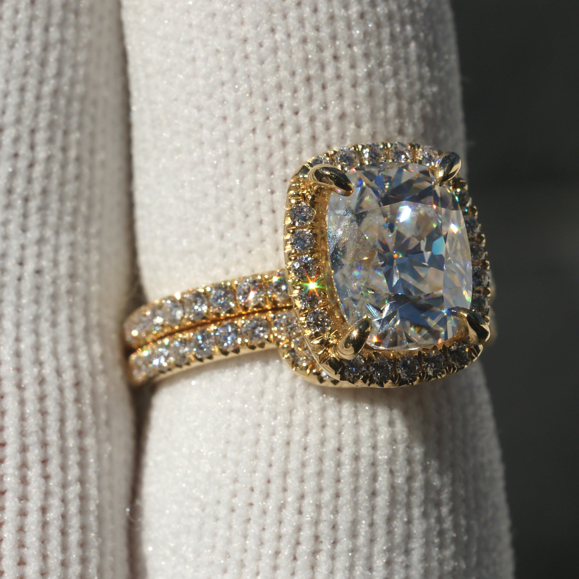 Cushion Moissanite Wedding Set 18k Yellow Gold 9x7mm - The Drenched Ring