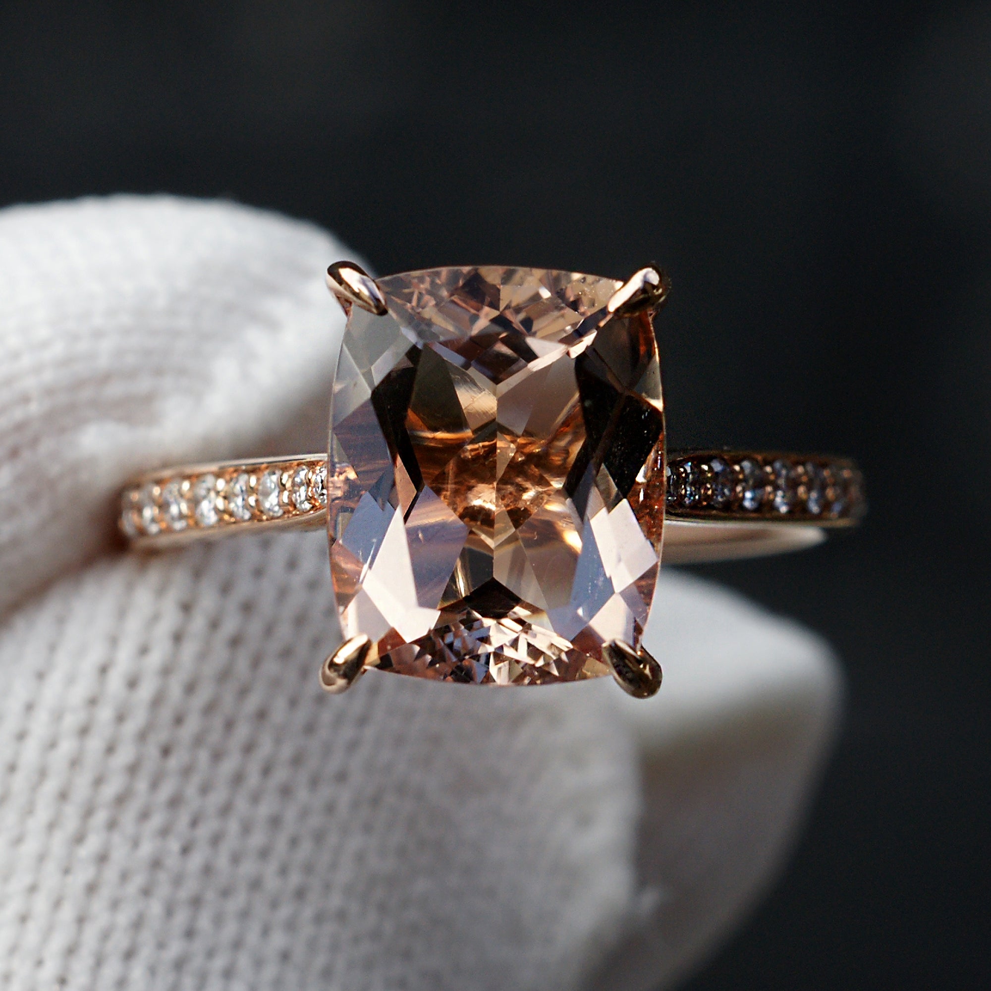 The Emily Cushion Morganite Ring 11x9mm 14k Rose Gold Diamond Band