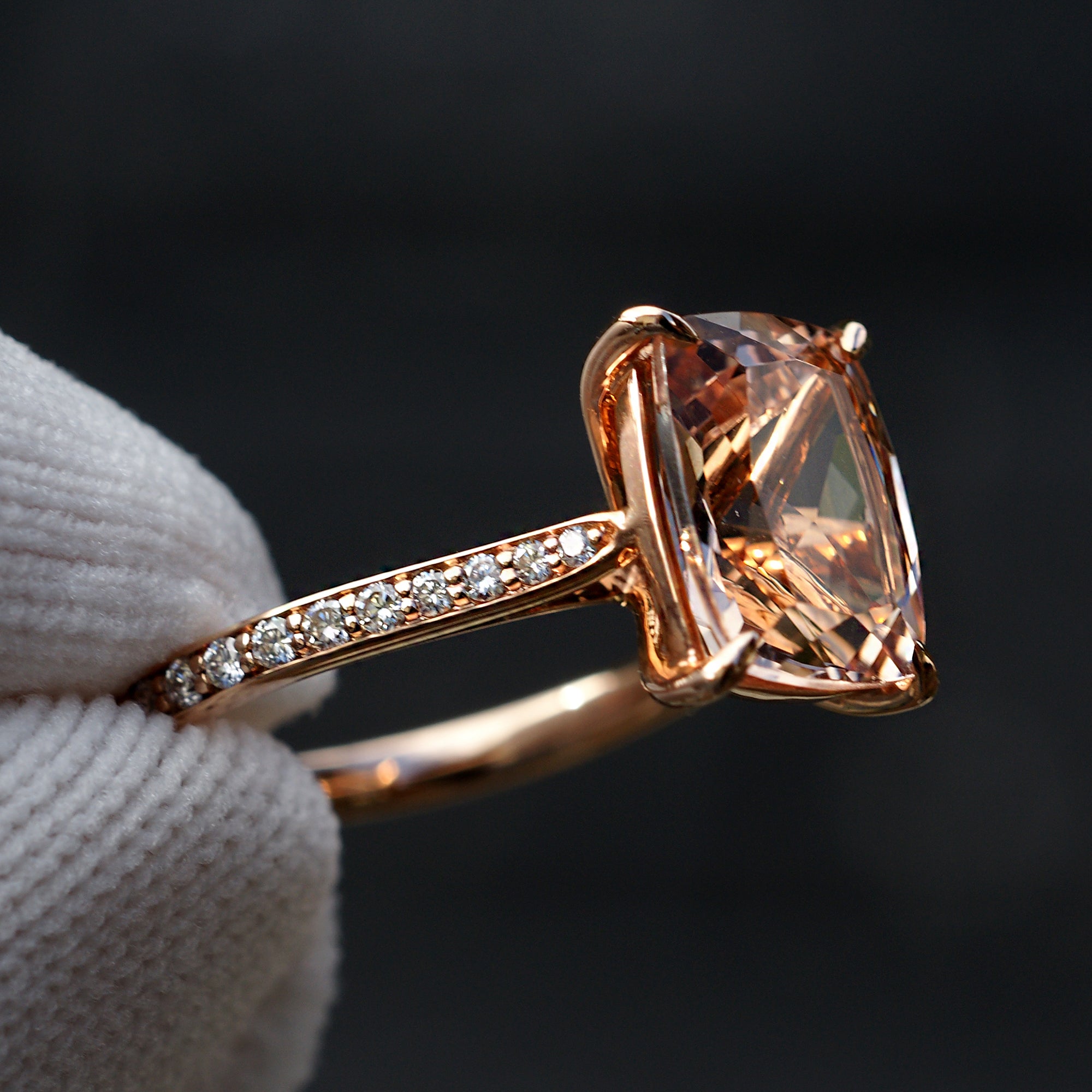 The Emily Cushion Morganite Ring 11x9mm 14k Rose Gold Diamond Band