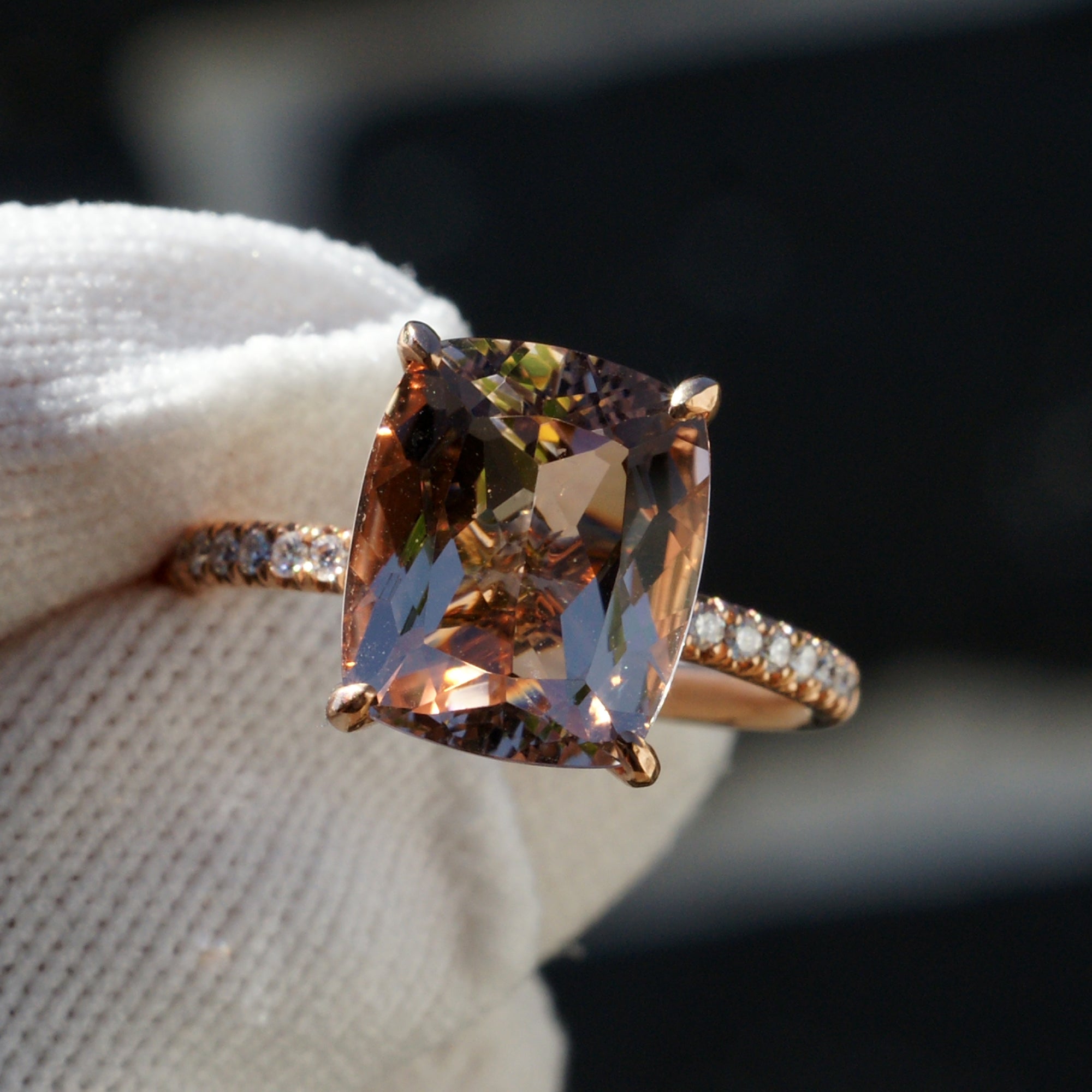 The Ava Cushion Morganite Ring 12x10mm 14k Rose Gold