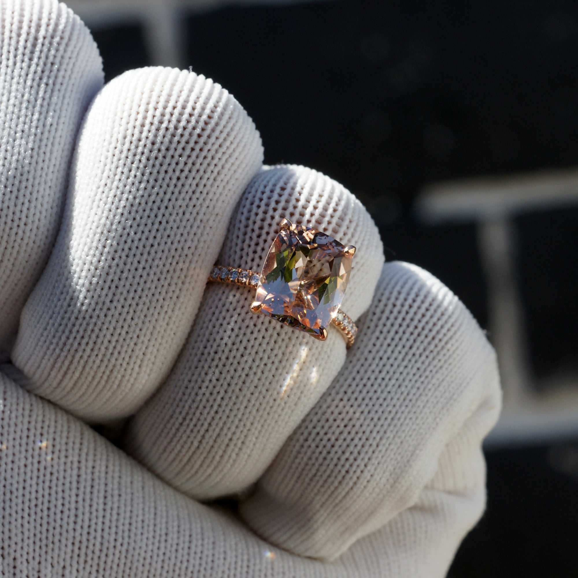 The Ava Cushion Morganite Ring 12x10mm 14k Rose Gold