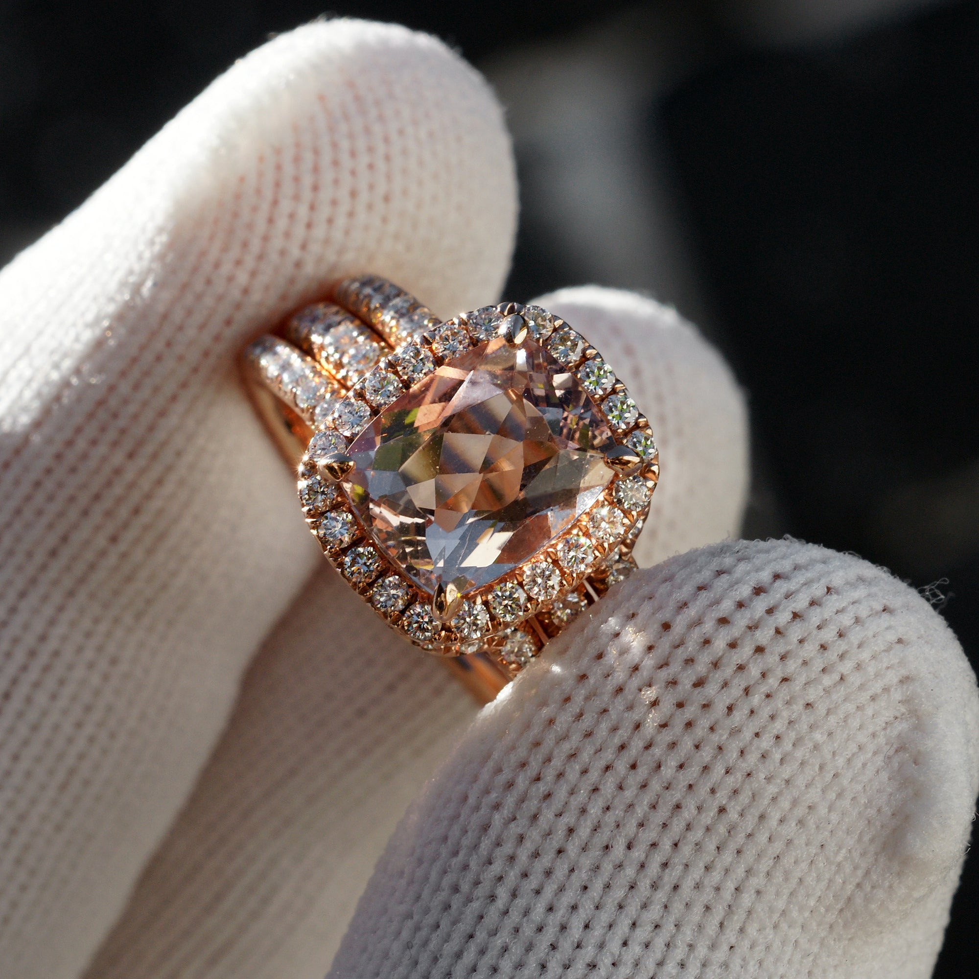Cushion Morganite Trio Wedding Set in Rose Gold