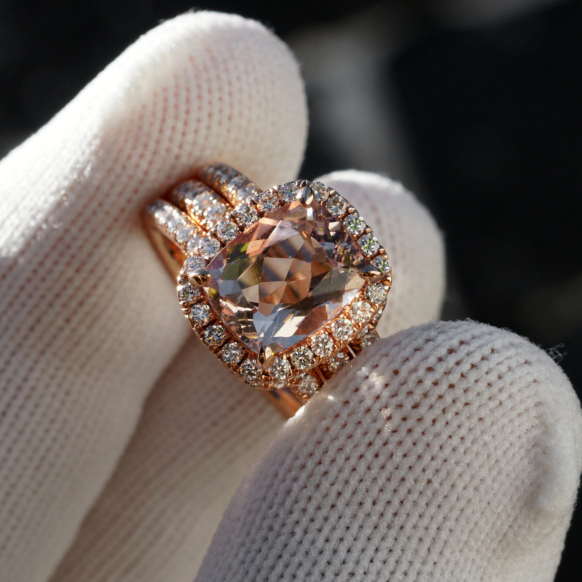 Rose Gold Peachy Pink Stone Cushion Cut Engagement Ring With Double Halo