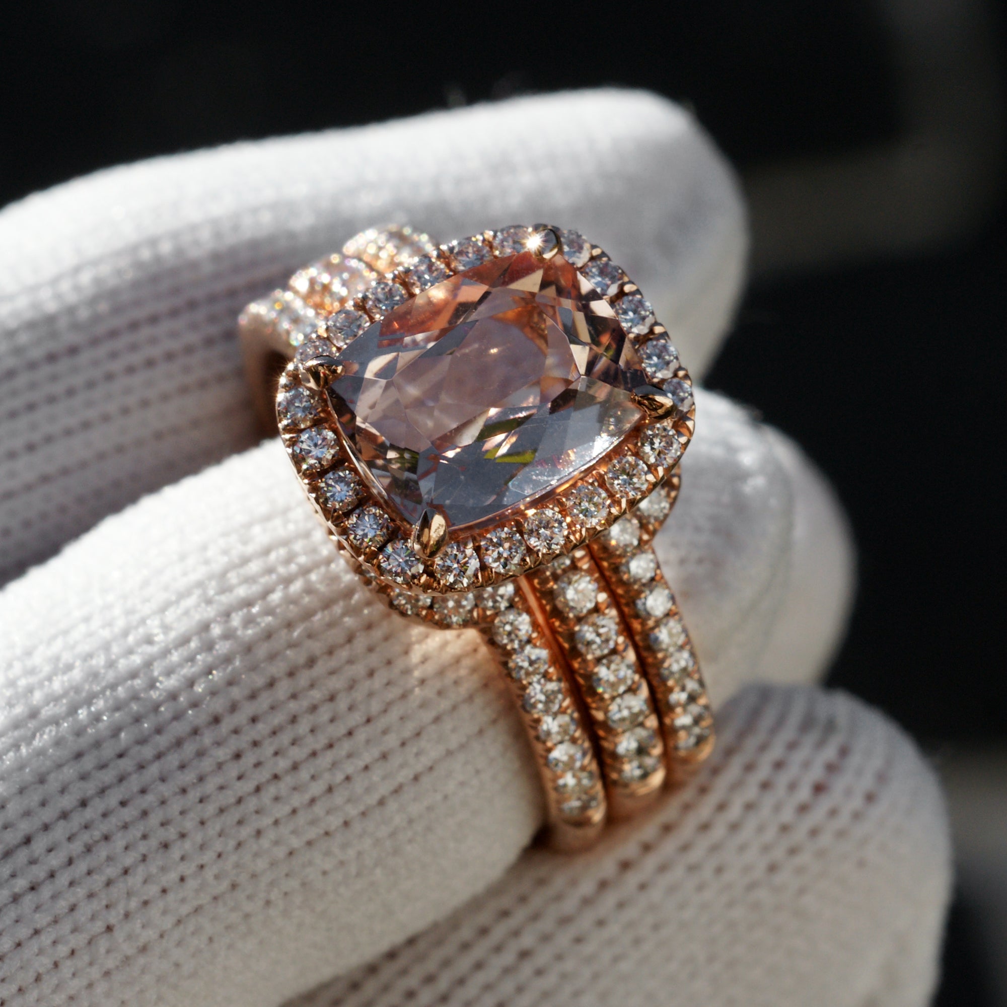 Cushion Morganite Triple Wedding Set in Rose Gold