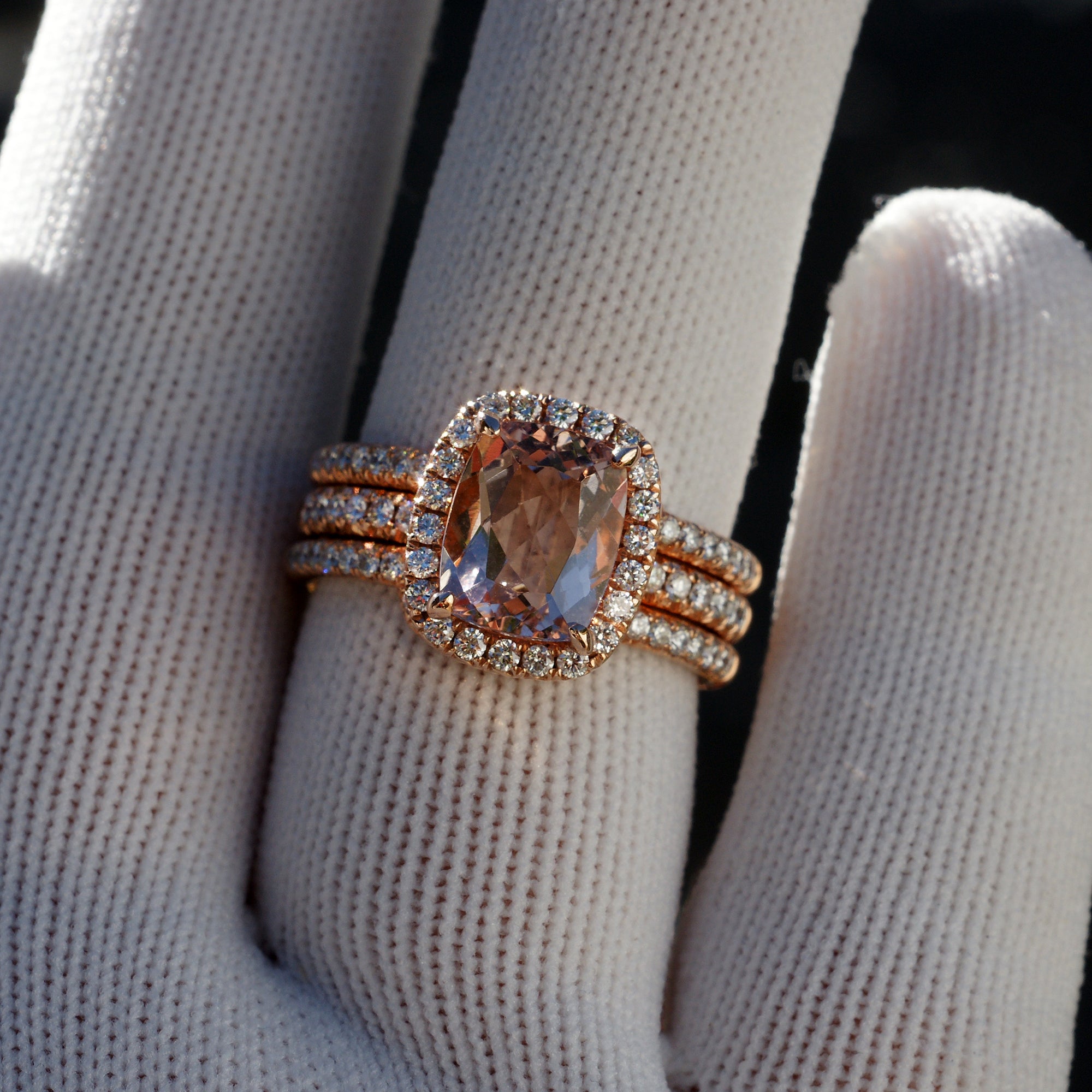 Cushion Morganite Trio Wedding Set in 14k Rose Gold