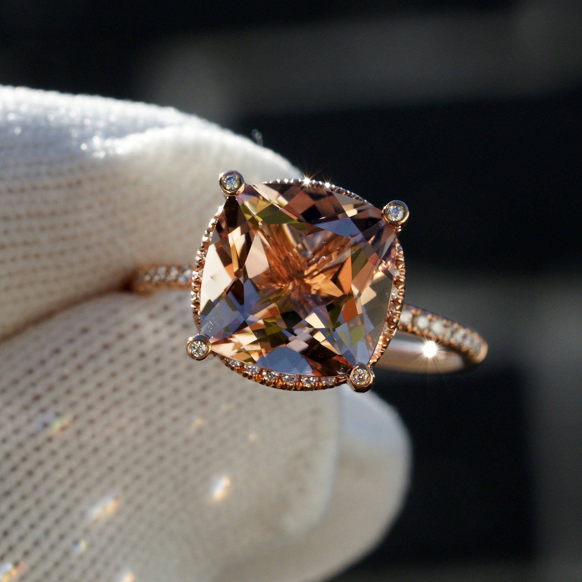 The Desiree Cushion Morganite Ring 10mm 14k Rose Gold
