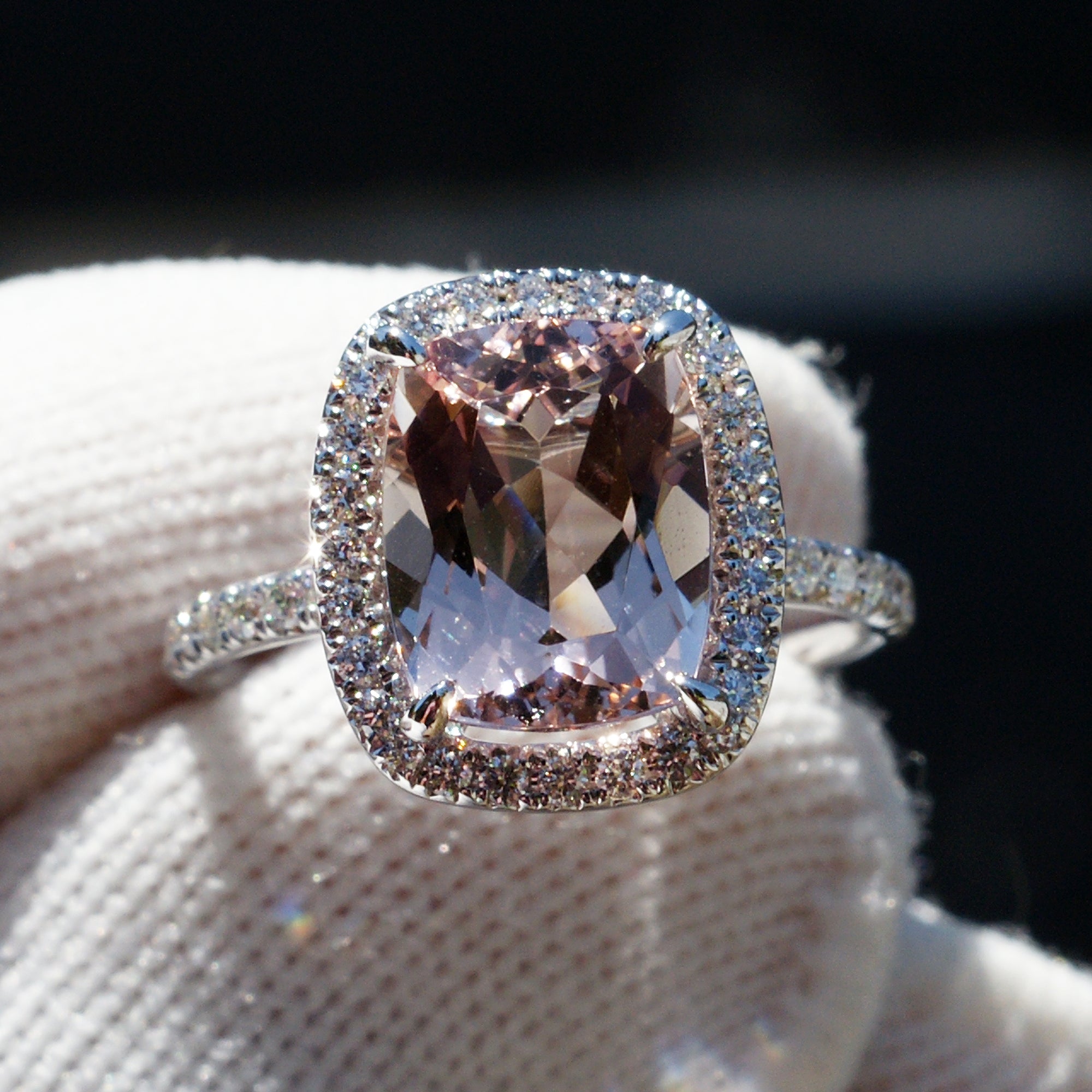 The Drenched Cushion Morganite Ring 18k White Gold 10x8mm