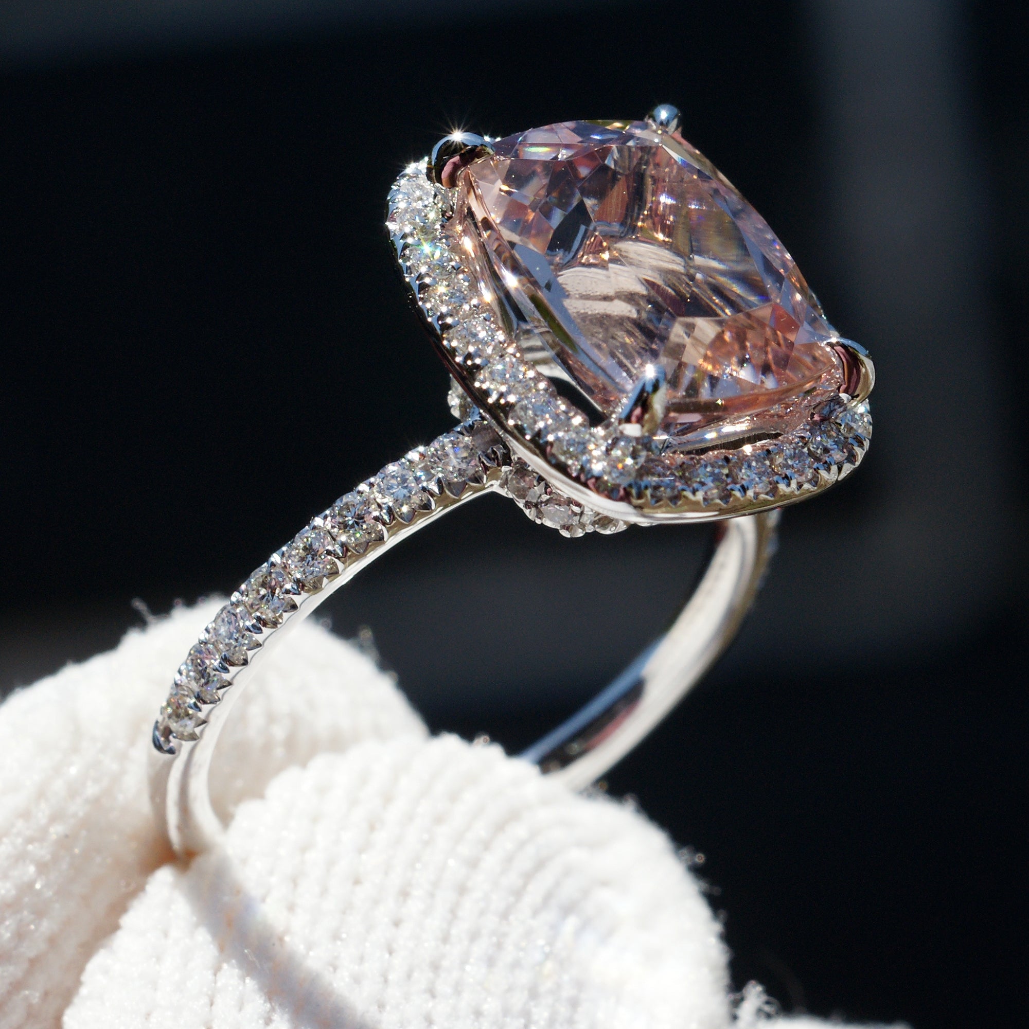 The Drenched Cushion Morganite Ring 18k White Gold 10x8mm