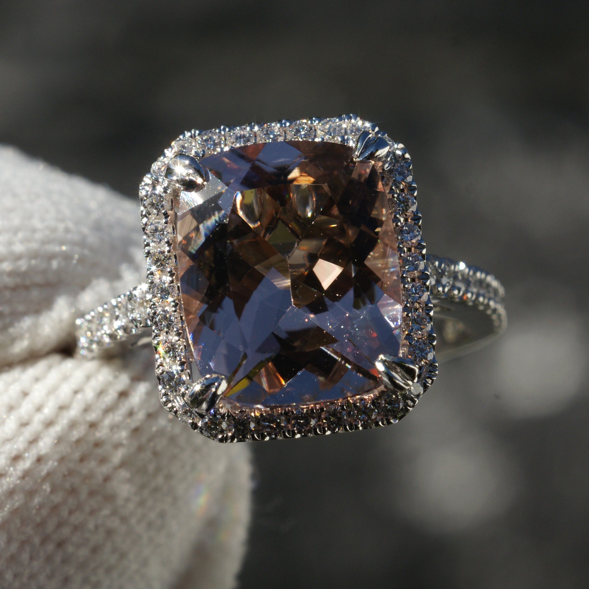 Cushion morganite engagement ring with diamond halo and band 18k