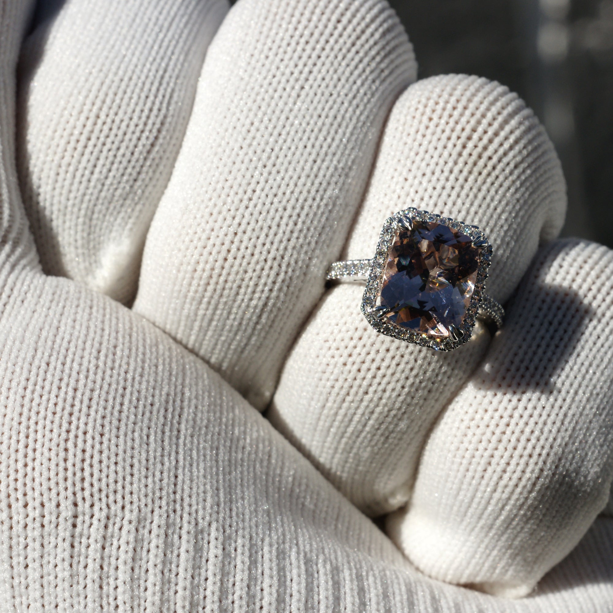The Signature Cushion Morganite Ring 11x9mm 18k White Gold