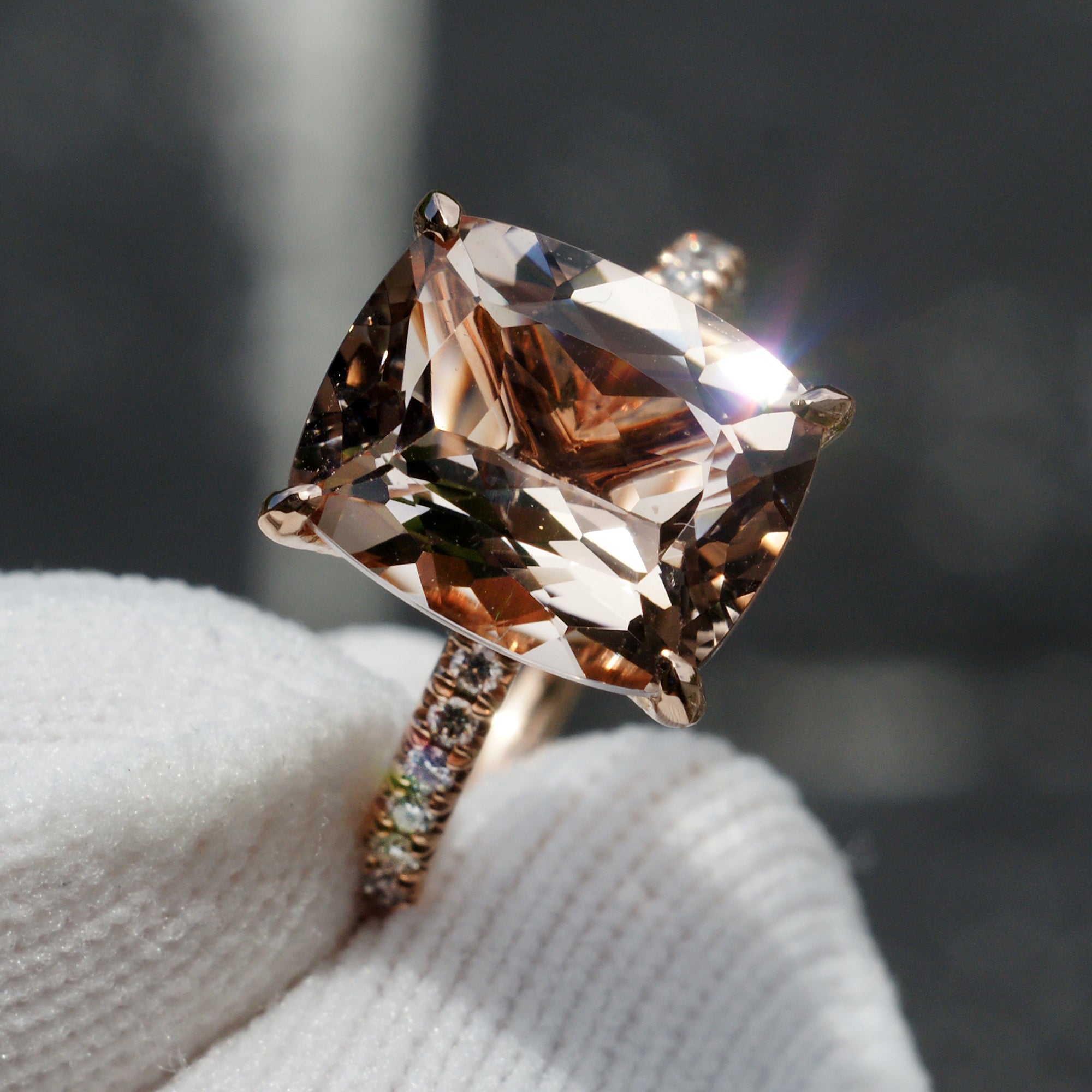 The Ava Cushion Morganite Ring 11x9mm 14k Rose Gold (2mm band)