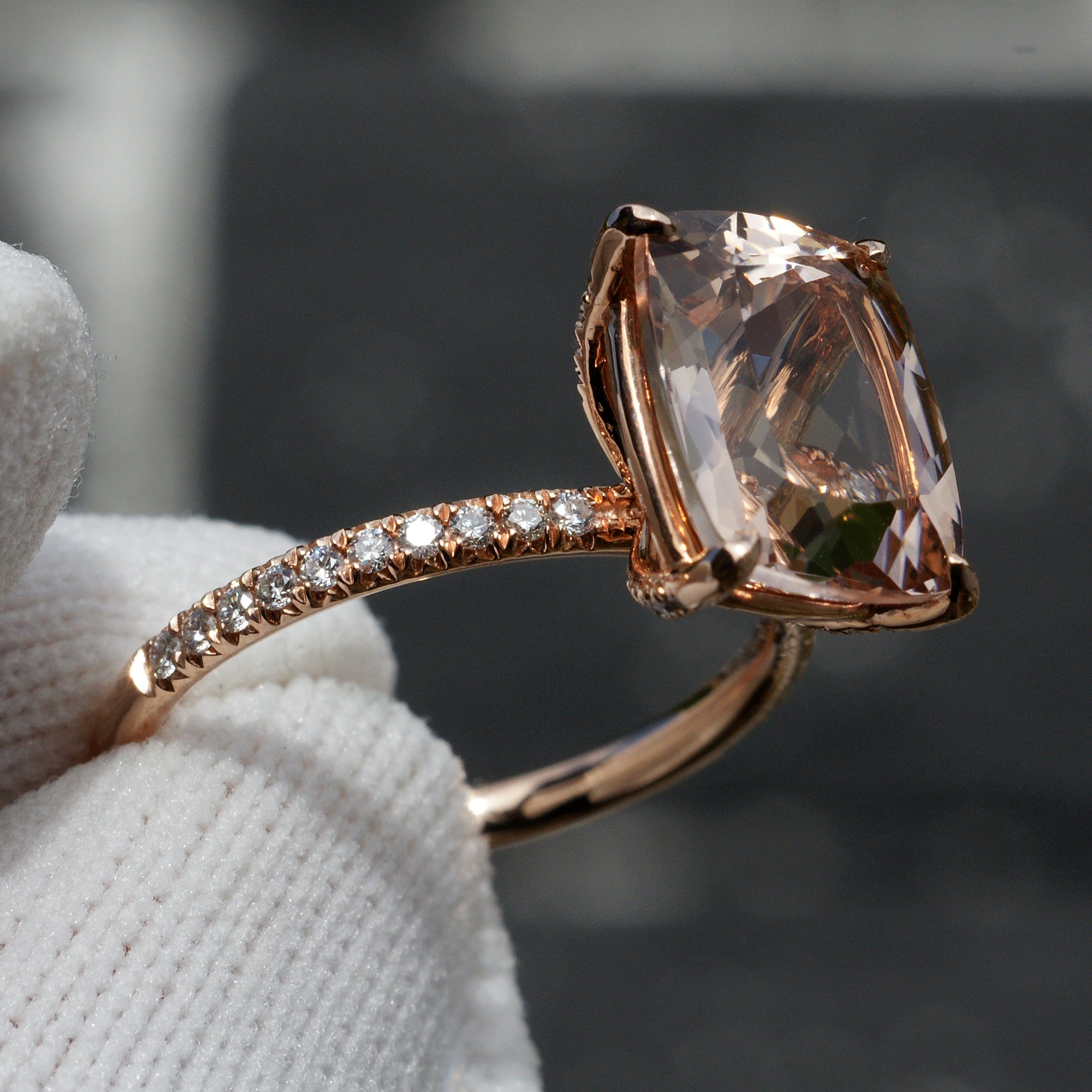The Ava Cushion Morganite Ring 11x9mm 14k Rose Gold (2mm band)