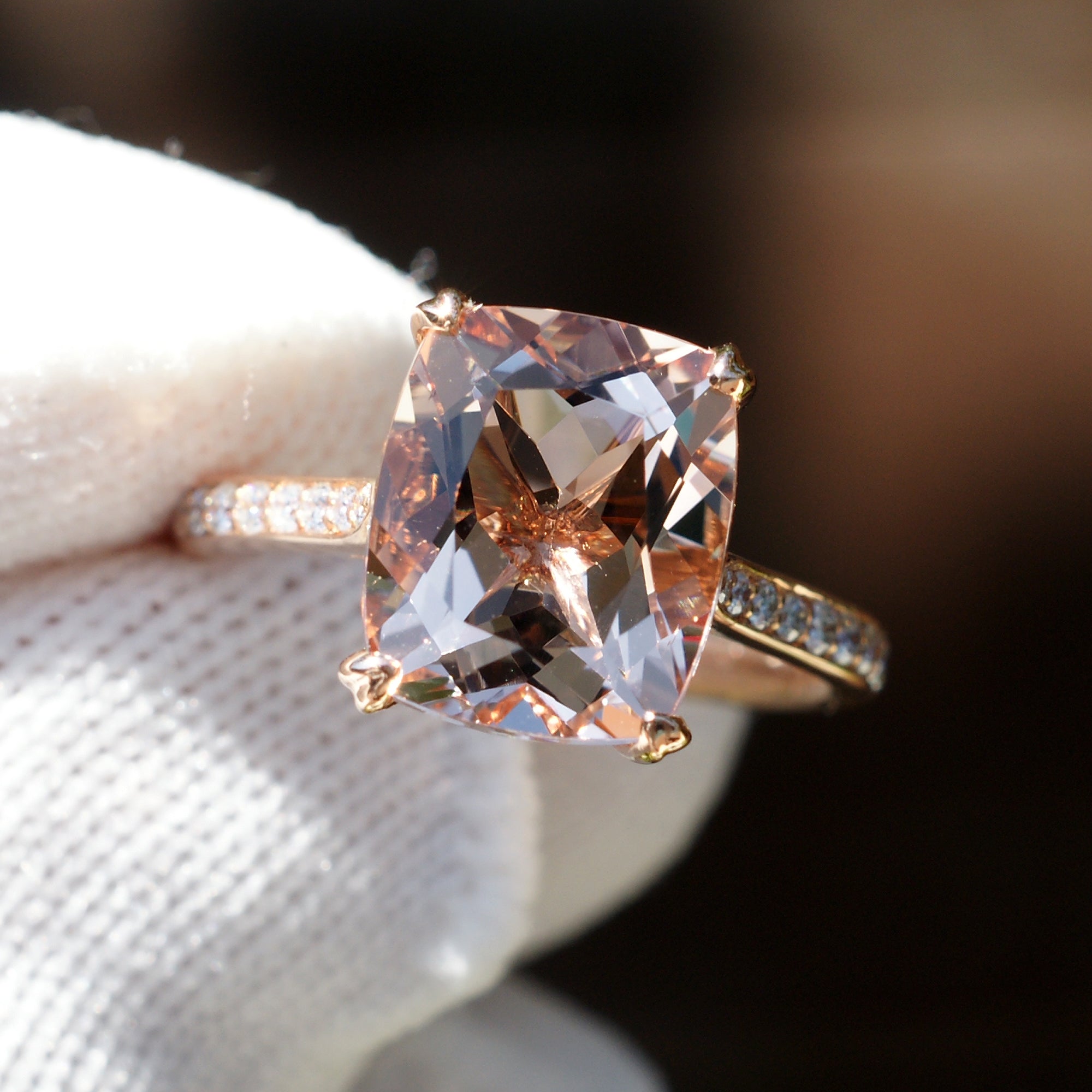 The Emily Cushion Morganite Ring 11x9mm 14k Rose Gold Band & Crown