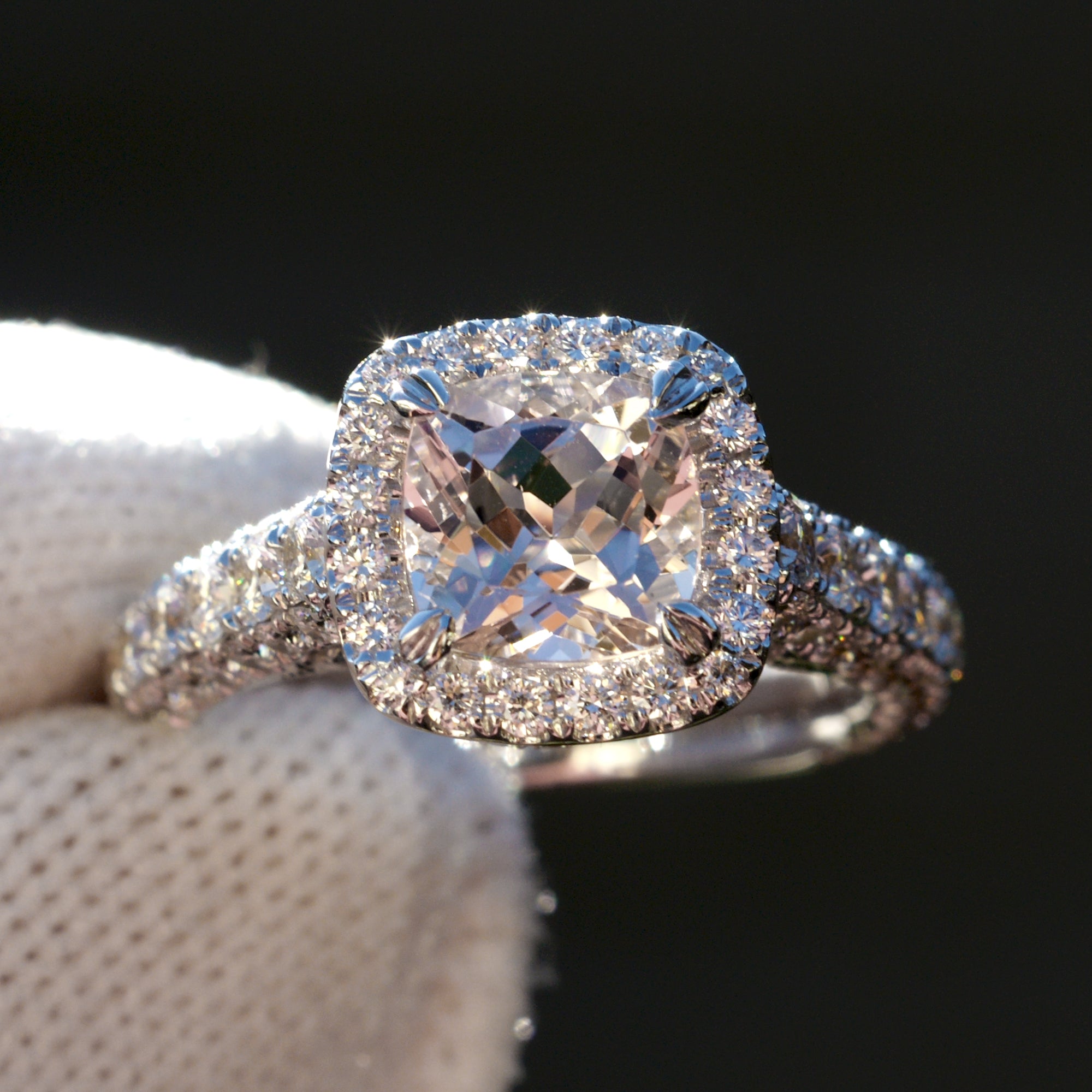 Light pink morganite cushion halo diamond total drenched ring the tamara white gold