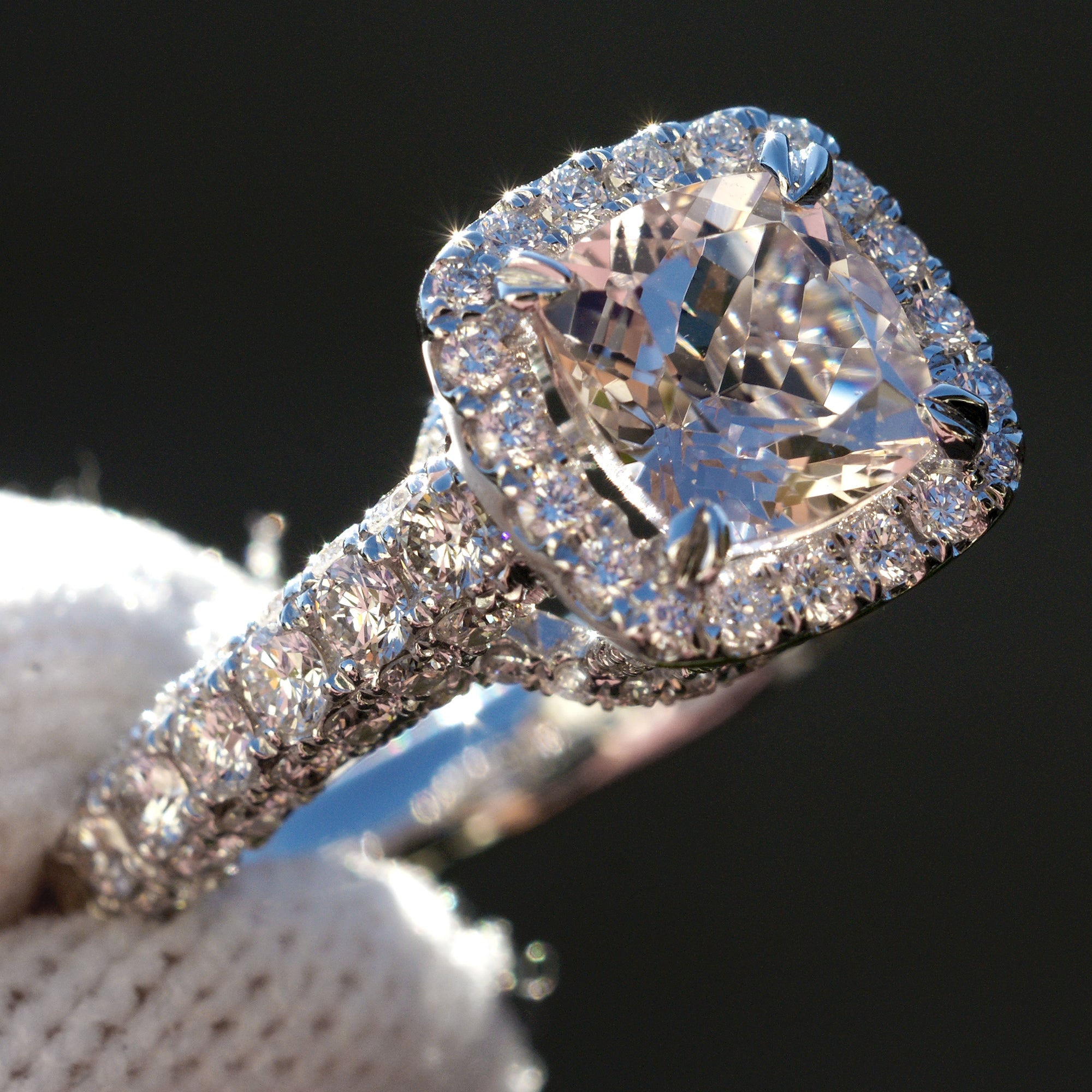 Light pink morganite cushion halo diamond total drenched ring the tamara white gold