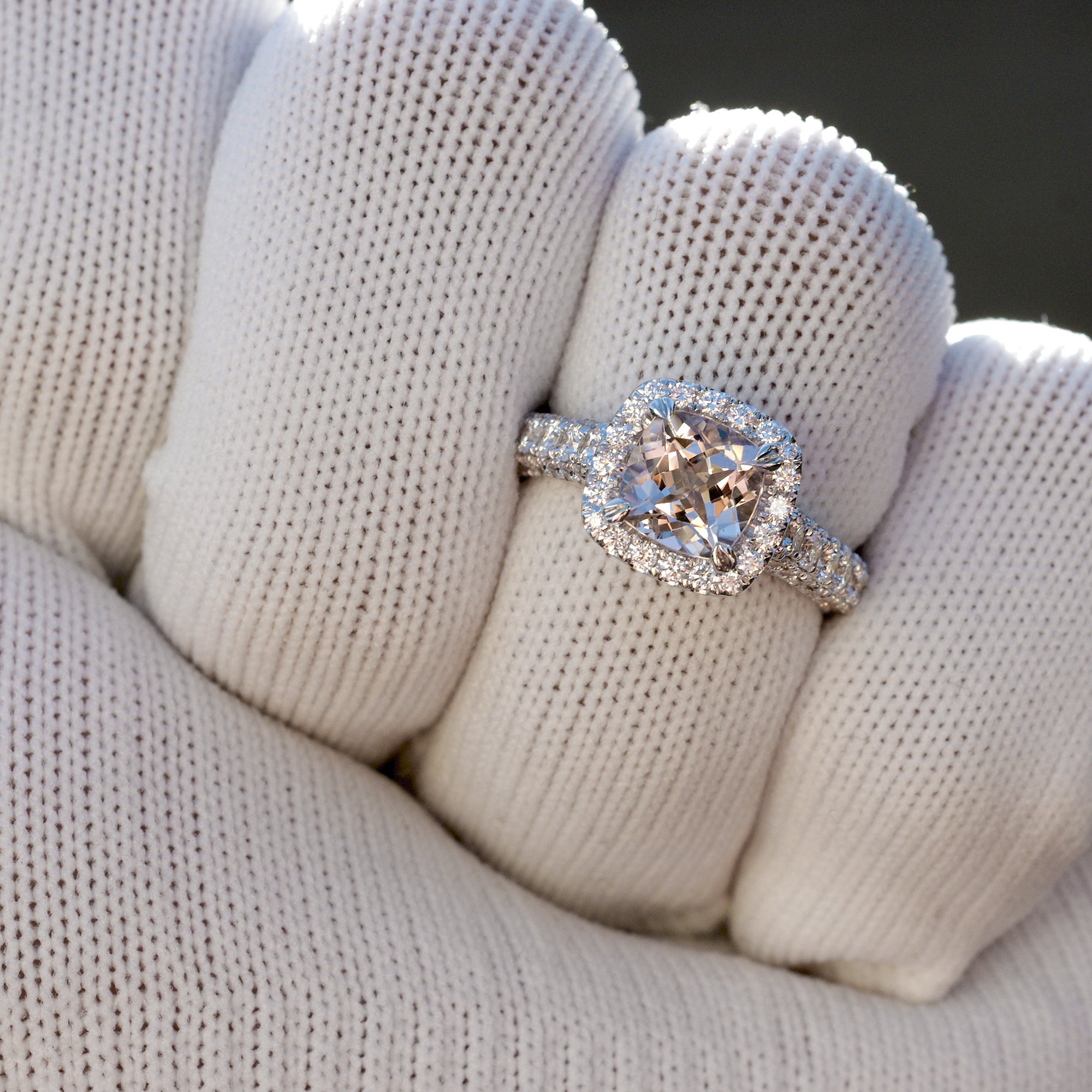 Light pink morganite cushion halo diamond total drenched ring the tamara white gold