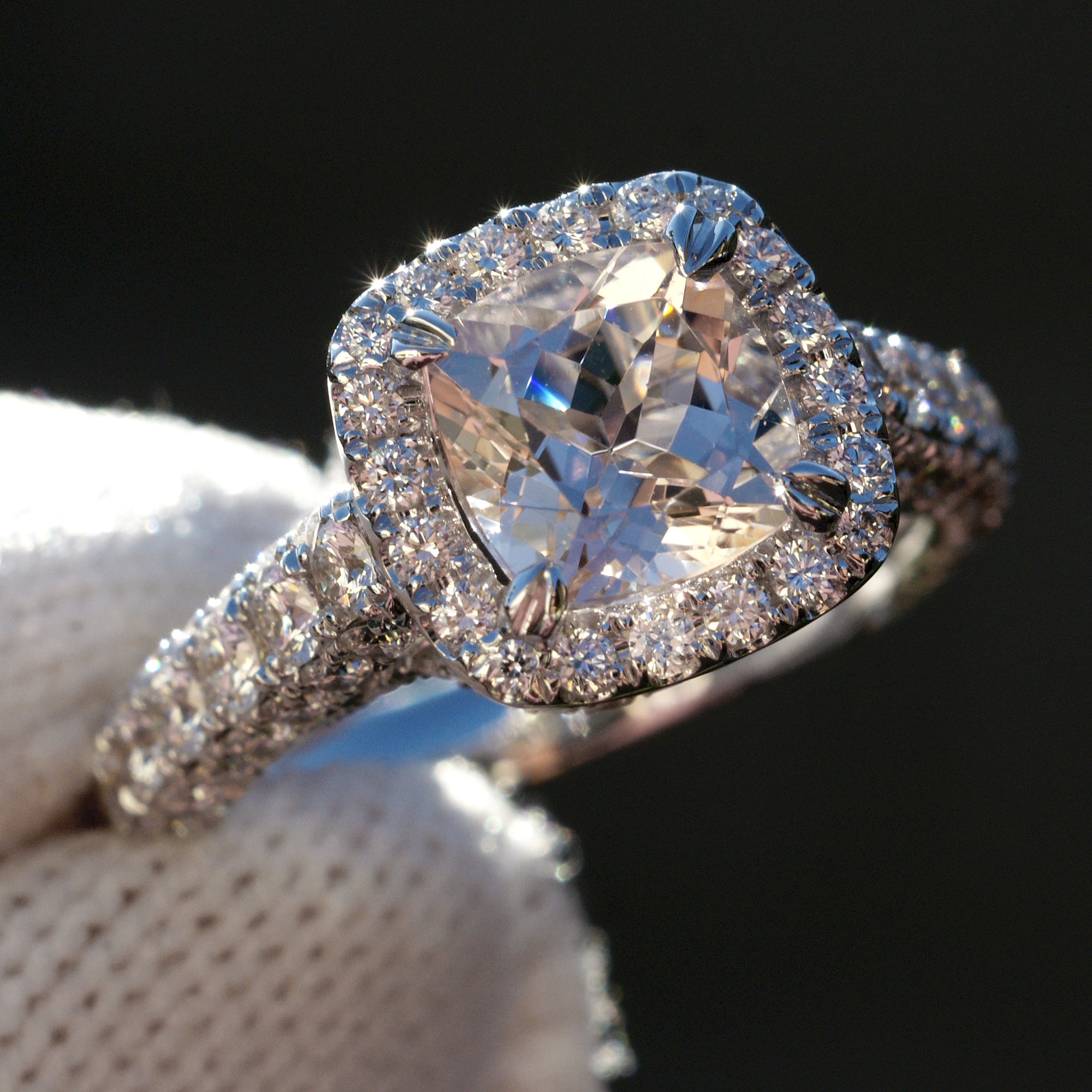 Light pink morganite cushion halo diamond total drenched ring the tamara white gold