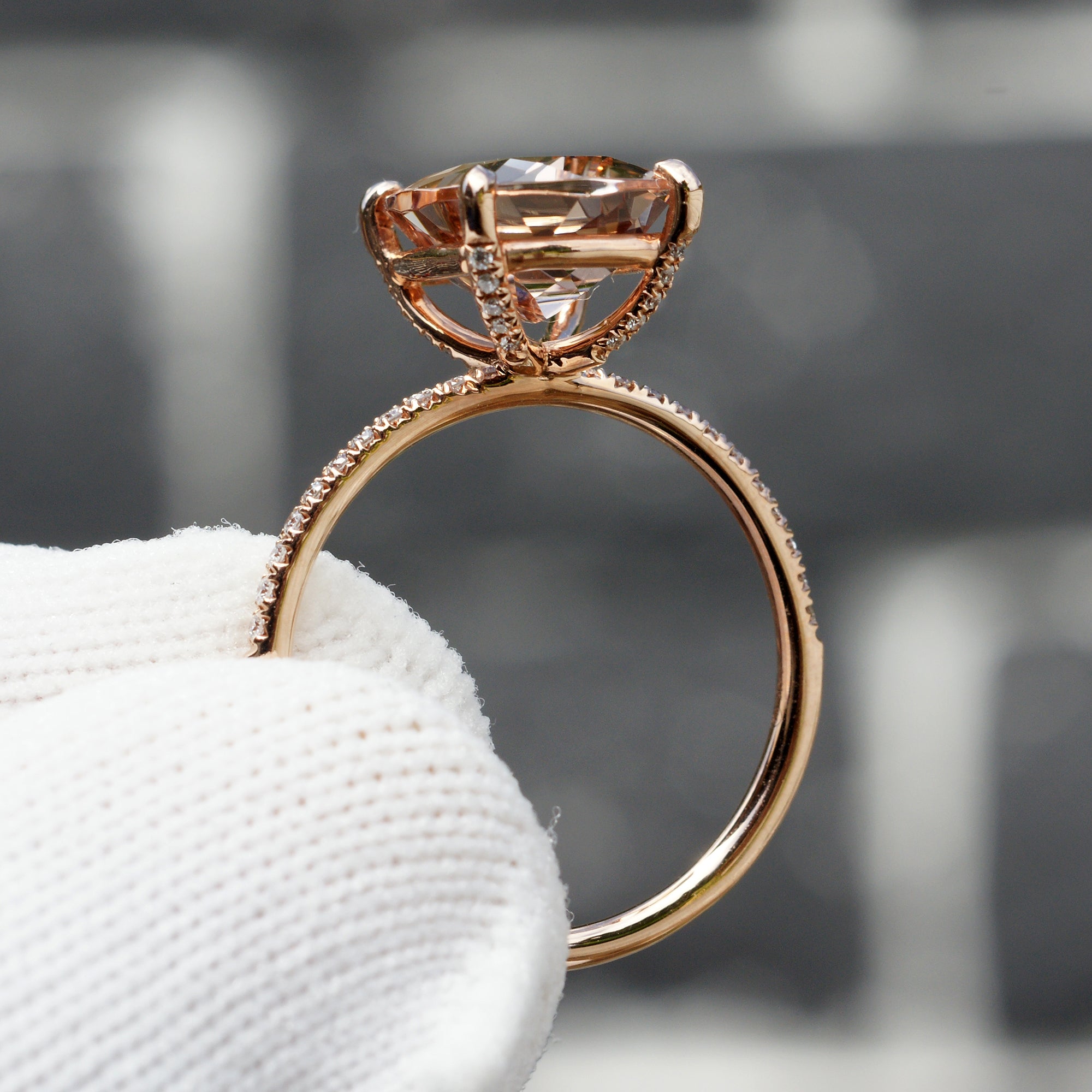 The Ava Cushion Morganite Ring 11x9mm 14k Rose Gold (1.5mm band)