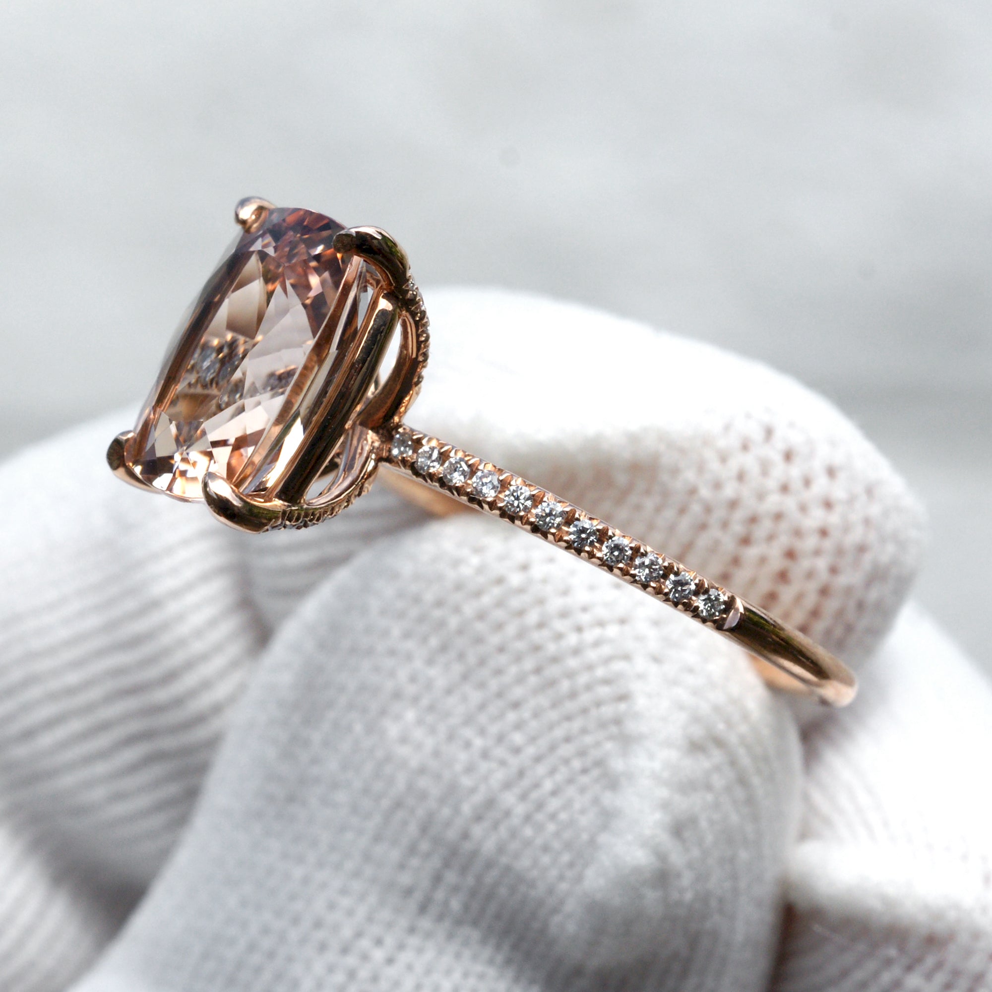 The Ava Cushion Morganite Ring 11x9mm 14k Rose Gold (1.5mm band)