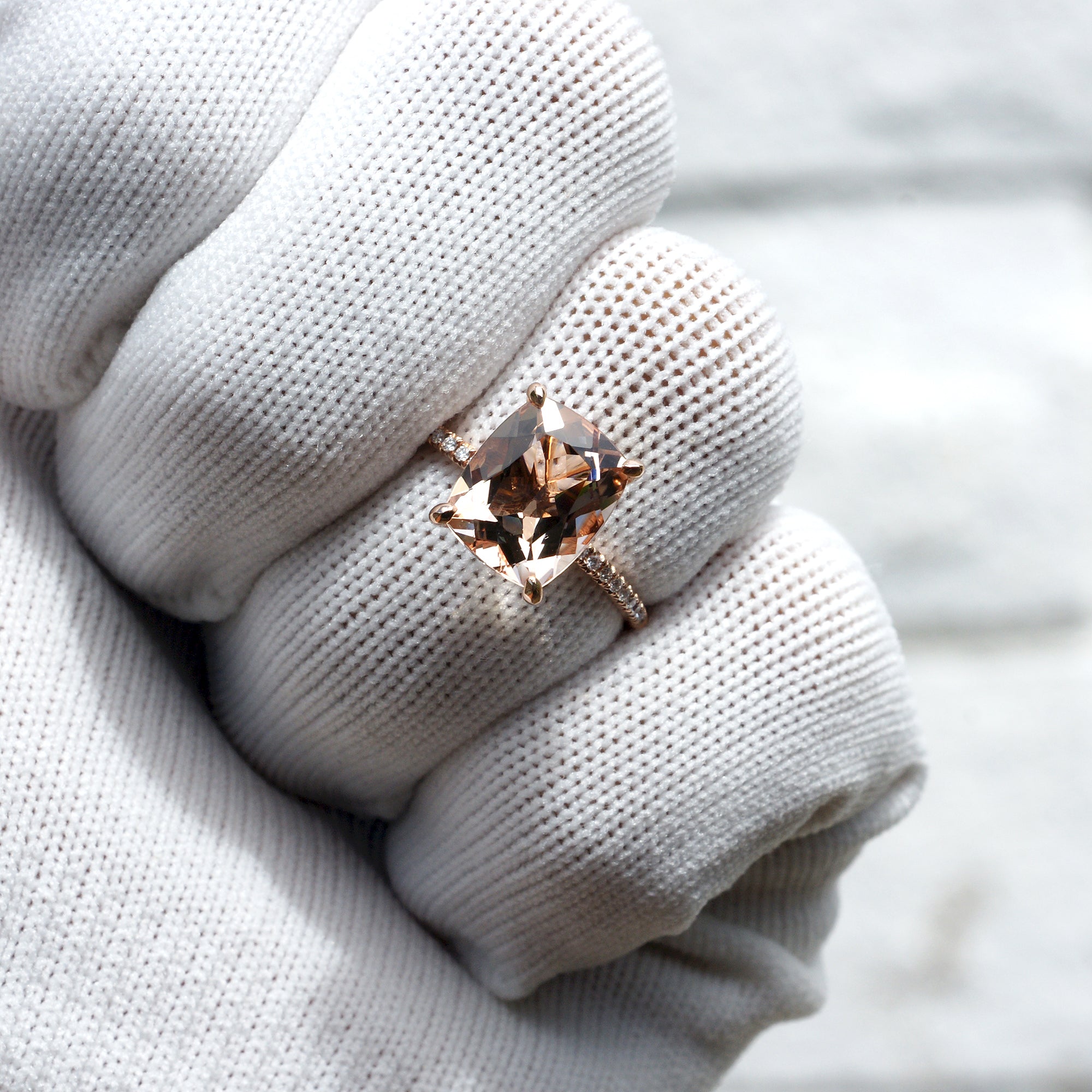 The Ava Cushion Morganite Ring 11x9mm 14k Rose Gold (1.5mm band)