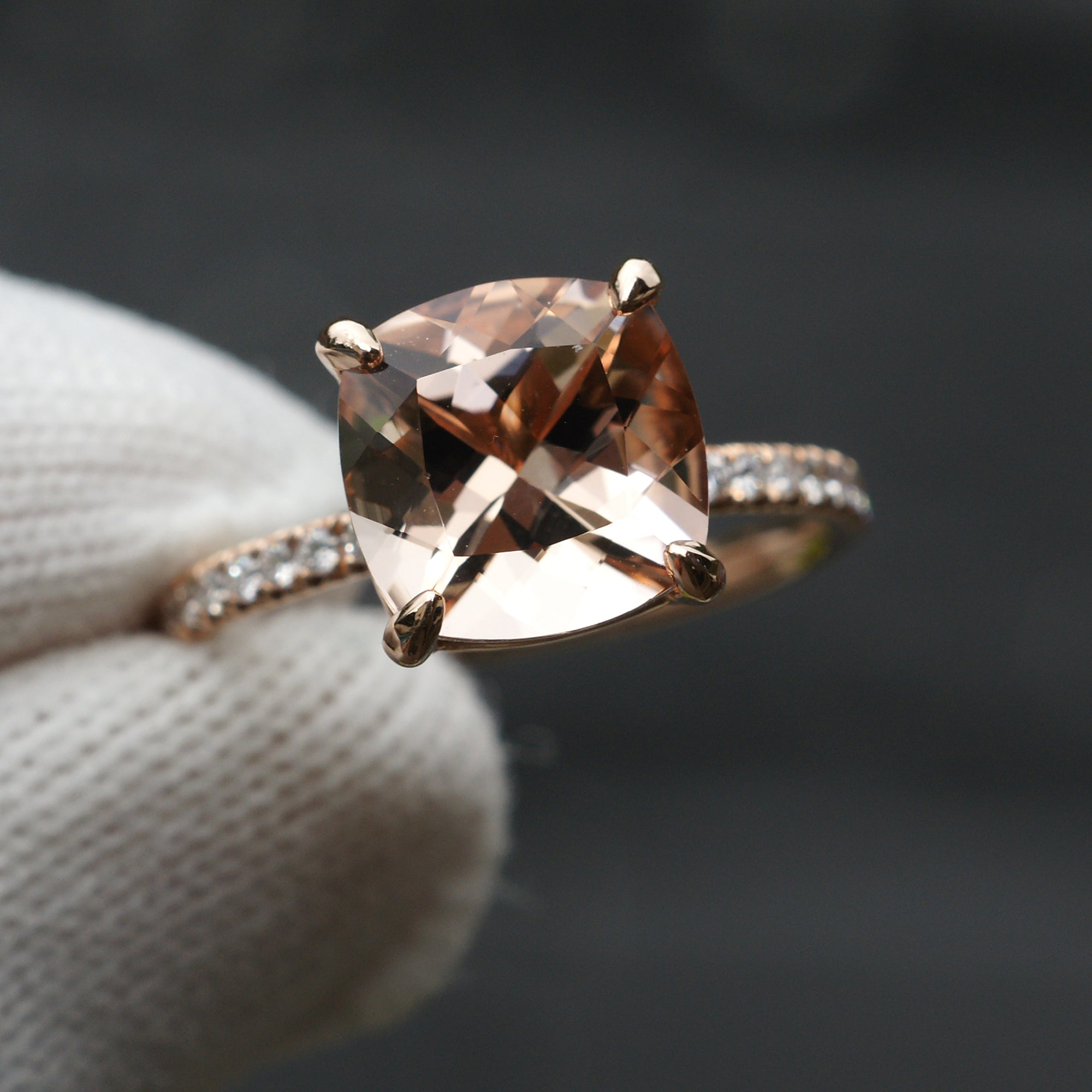 The Ava Cushion Morganite Ring 10x10mm 14k Rose Gold (2mm band) Wedding Set