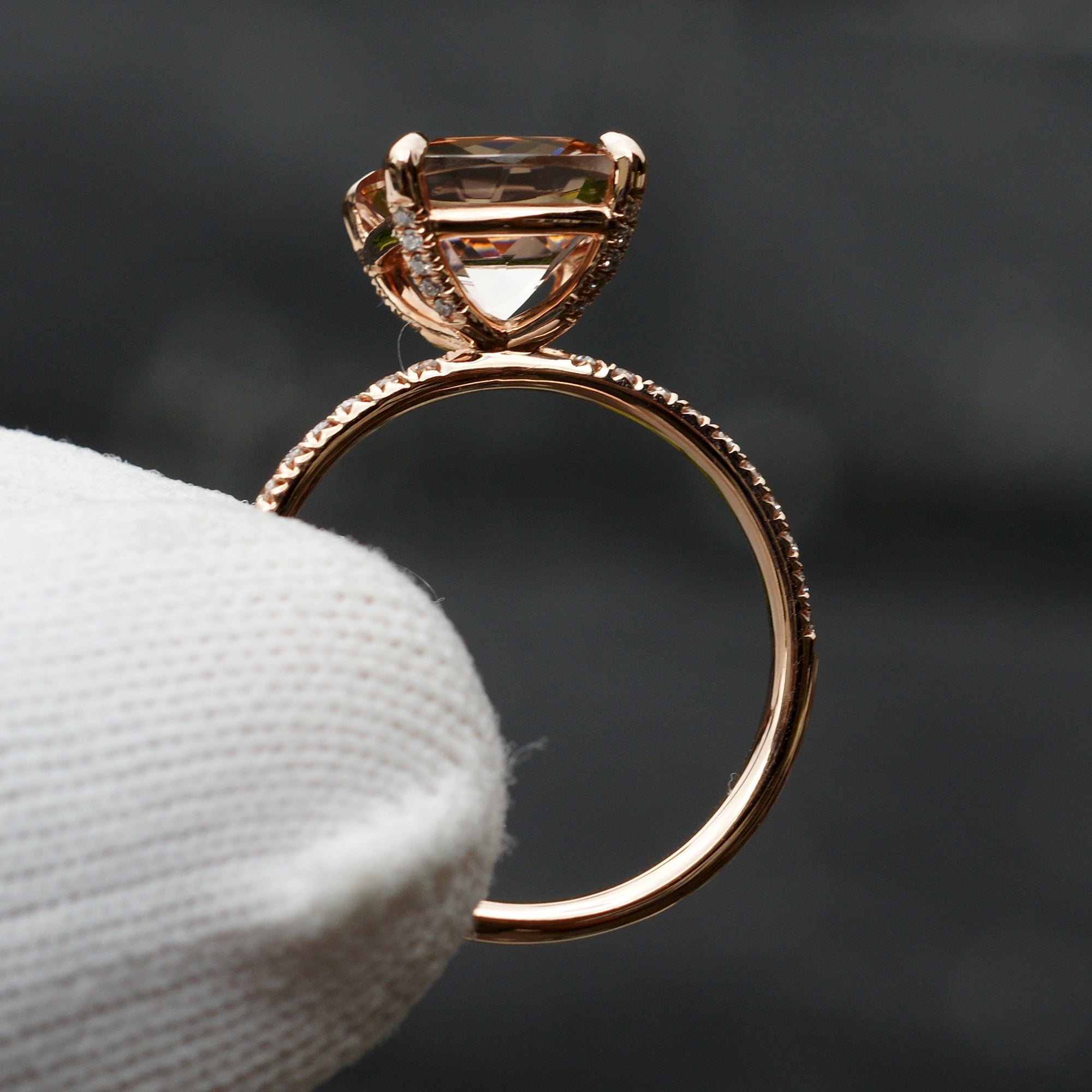 The Ava Cushion Morganite Ring 10x10mm 14k Rose Gold (2mm band) Wedding Set