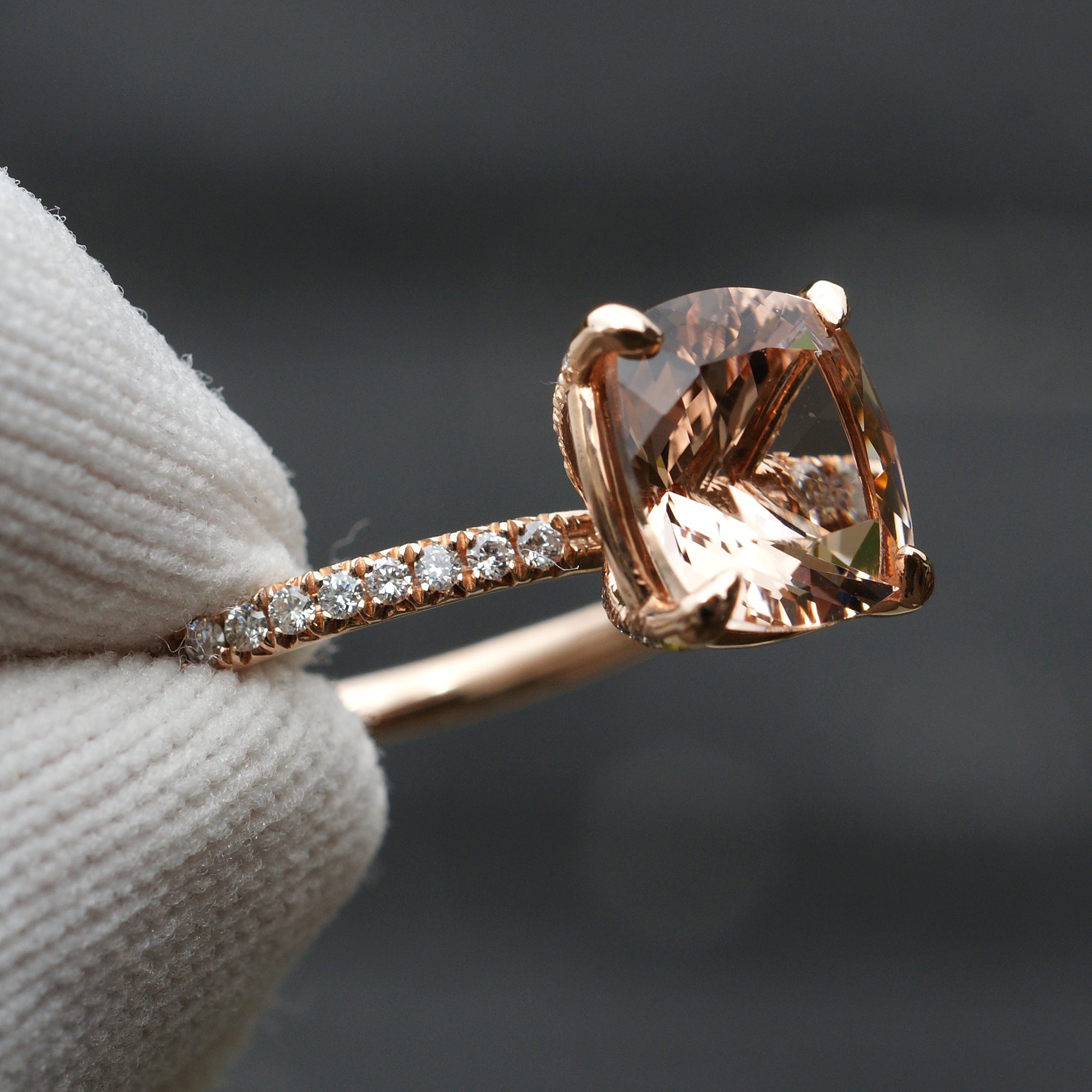 The Ava Cushion Morganite Ring 10x10mm 14k Rose Gold (2mm band) Wedding Set